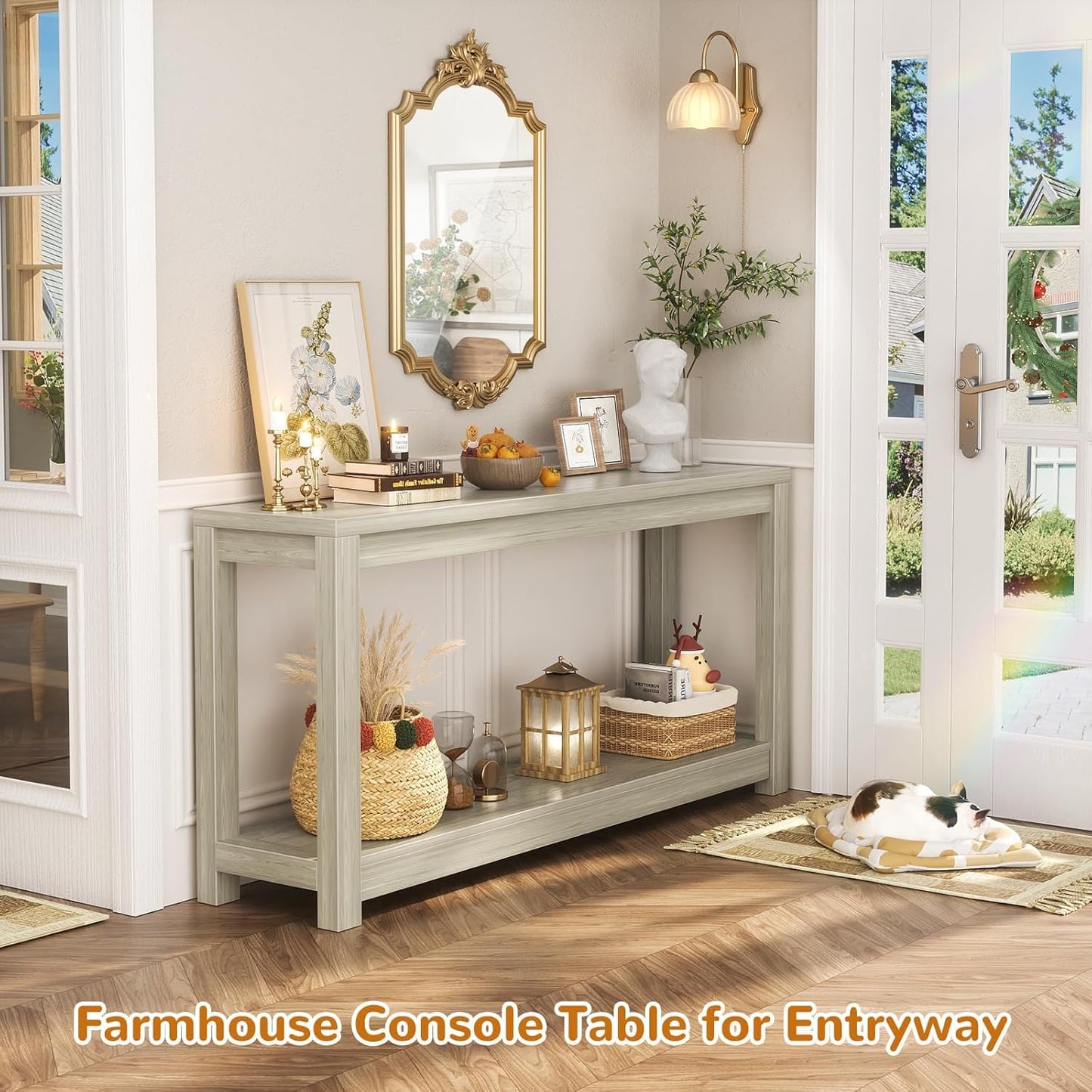 47" Farmhouse Wood Entryway Table Narrow Console Table with Storage Behind Couch Sofa Table with Shelves Entry Way Table with Open Storage, Easy Assembly, Classical Washed Oak