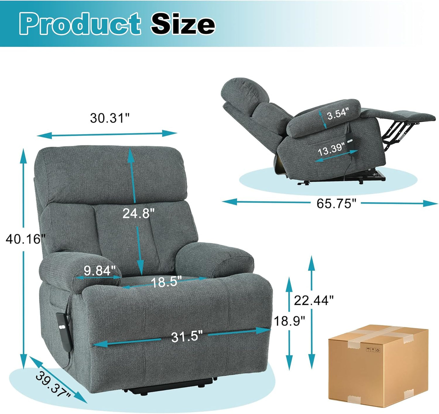 Recliner Chair Power Lift Massage Chair Full Body 23" Large Size Electric Recliner with Seniors, Home Theater Seating with Remote Control, Side Pocket, Spacious Seat, Dark Gray