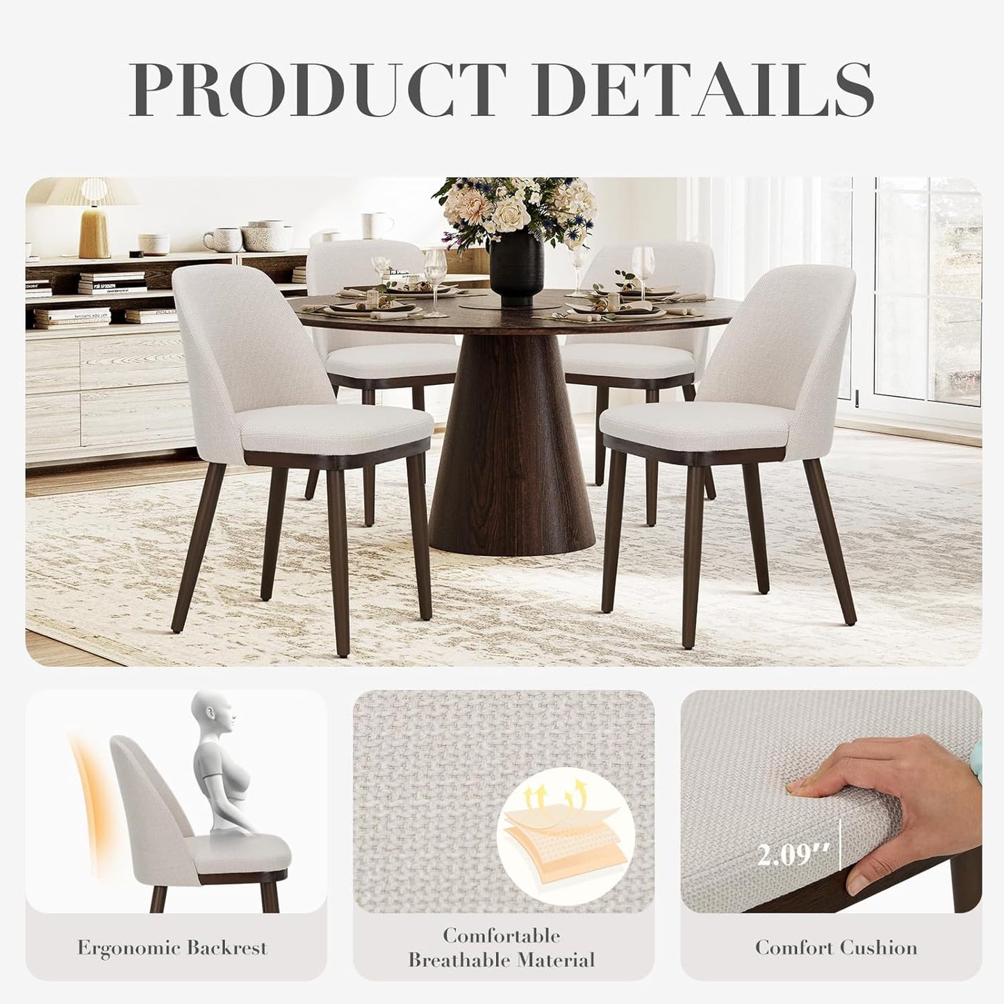 COLAMY Upholstered Dining Chairs Set of 4, Modern Kitchen Chairs with Back, Fabric Side Dining Room Chairs with Wood Legs for Kitchen Dining Room Restaurant, Beige