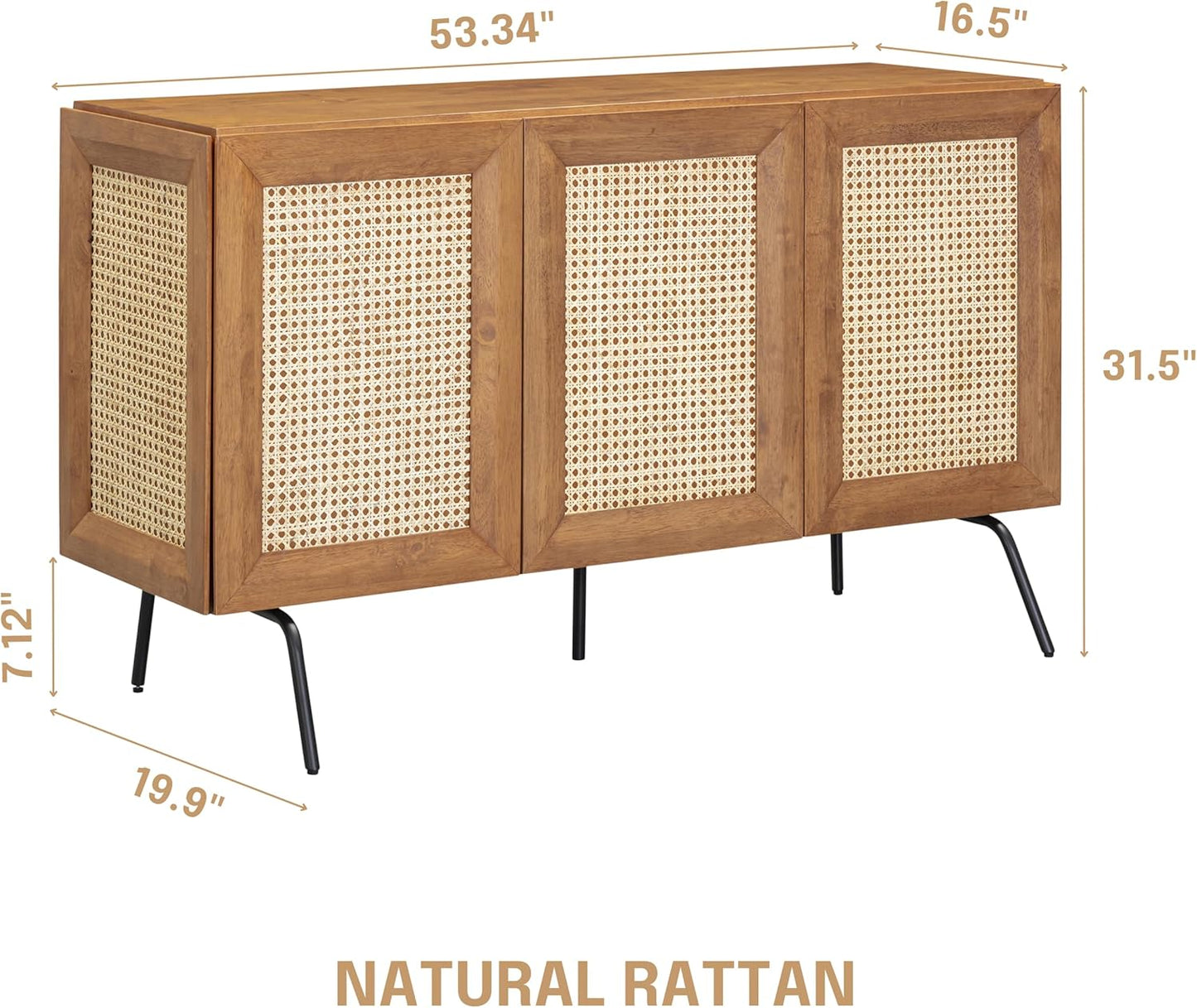 NTC MOSSIC Modern Sideboard with 3 Doors, Natural Rattan Storage Cabinet, Buffet with Metal Legs, Boho Accent Cabinet for Living Room, and Entryway, Effortless Assembly, Teak Look