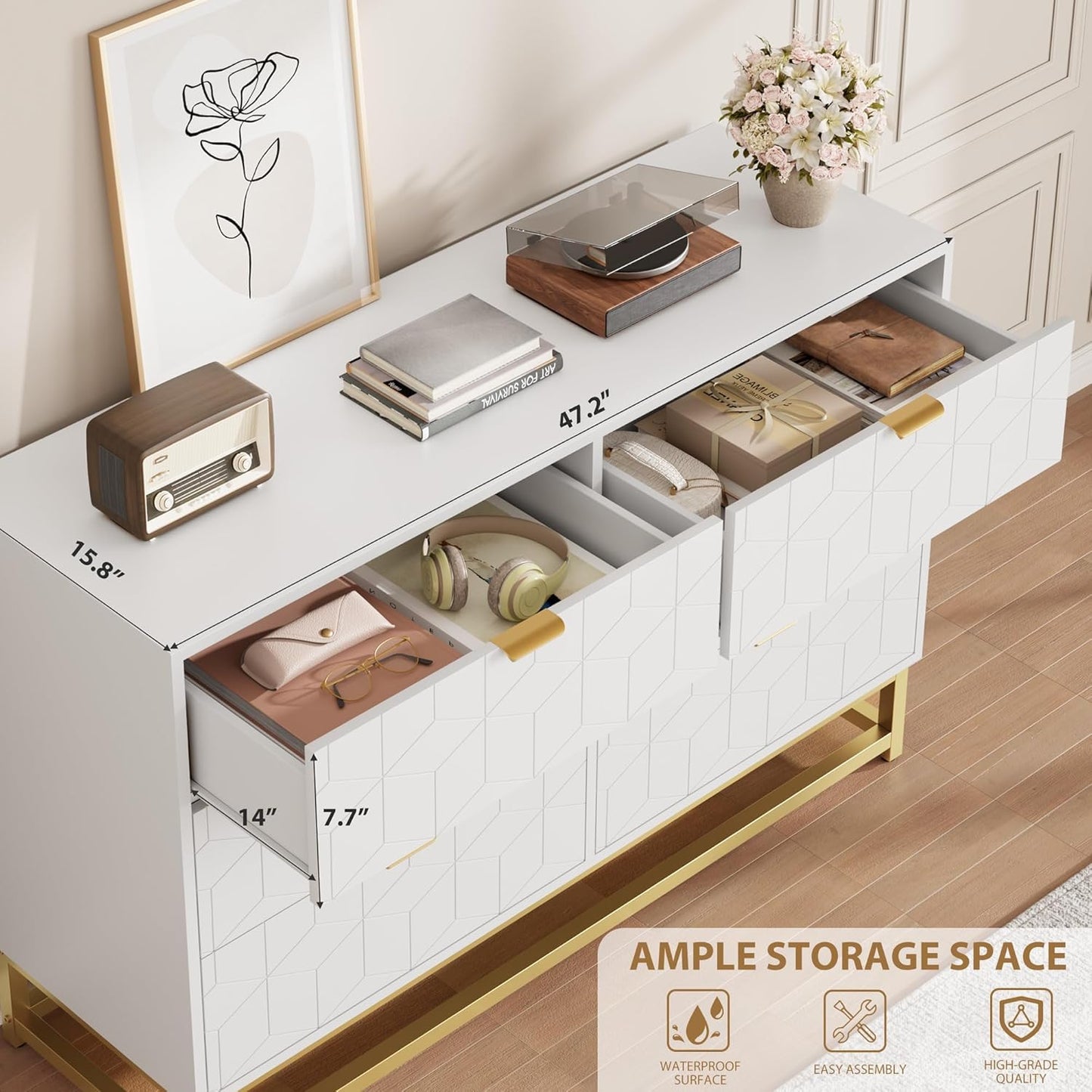 GAOMON White Dresser for Bedroom,Modern 6 Drawer Double Dresser with Gold Handles,Long Storage Organizer for TV Stand & Closet,Large Chest of Drawers for Living Room,Hallway,Entryway