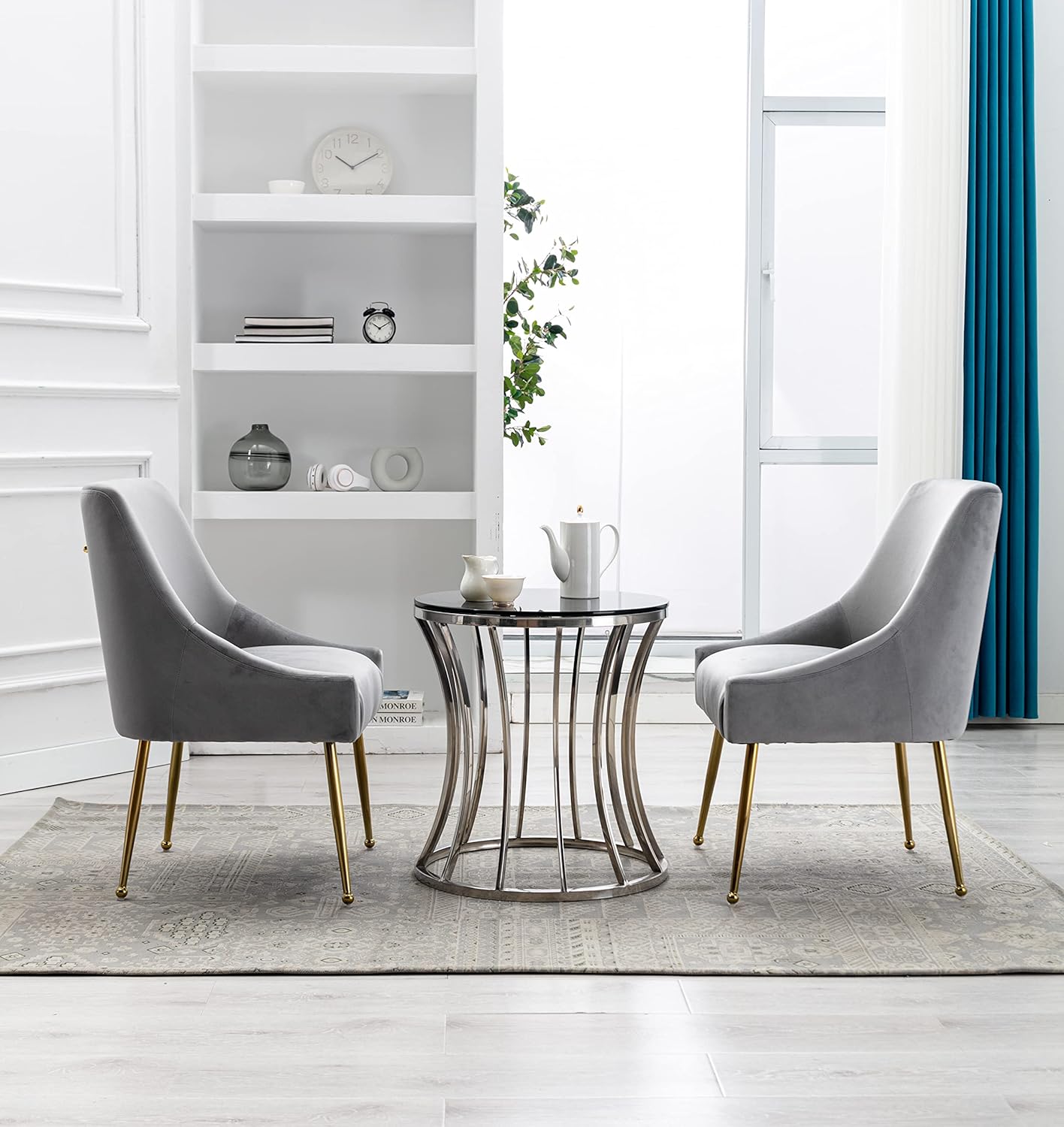 Velvet Dining Chairs, Furniture Collection Modern Contemporary Upholstered with Polished Gold Metal Legs, Set of 4(Light Grey)