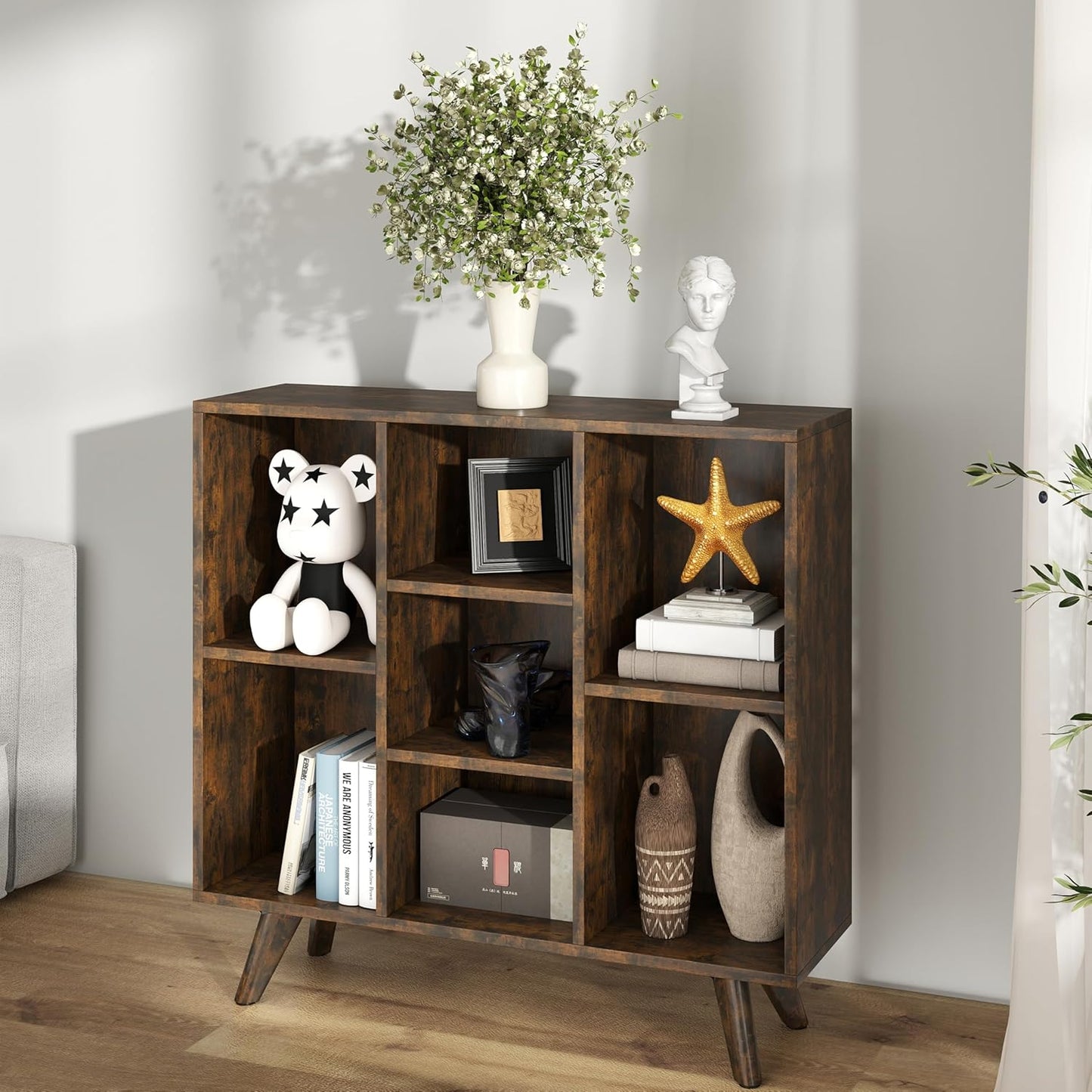 Manora Rustic Brown 7 Cube Mid Century Modern Bookshelf, Wooden Storage Organizer with Open Shelves, Retro Bookcase for Living Room, Bedroom, Home Office