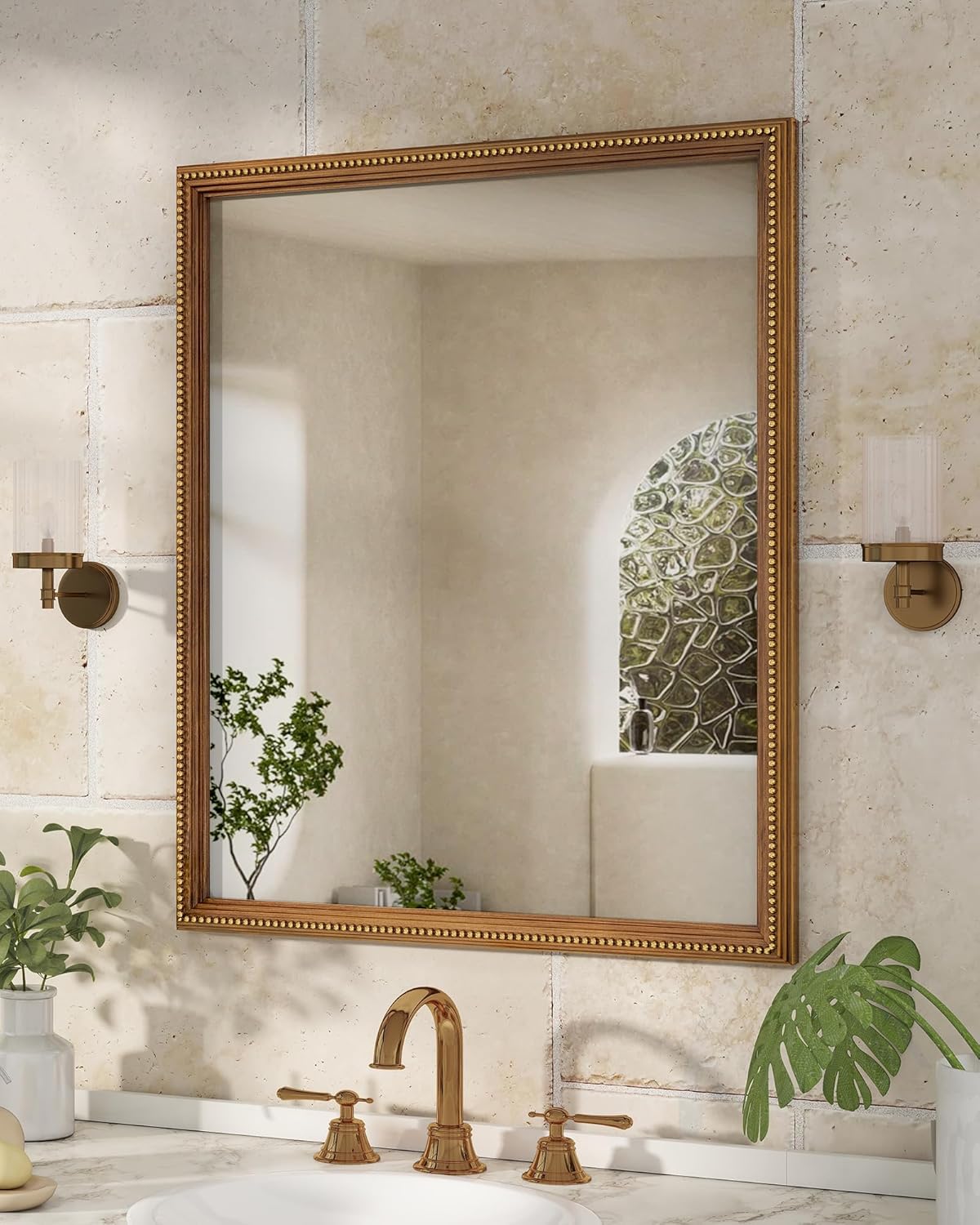 Axeman 30x36 Wood Wall Mirror, Rustic Bathroom Mirror, Vintage Wall Mounted Mirror Tempered Glass with Beaded Wooden Frame for Farmhouse Living Room Vanity Bedroom Entryway, Bronze