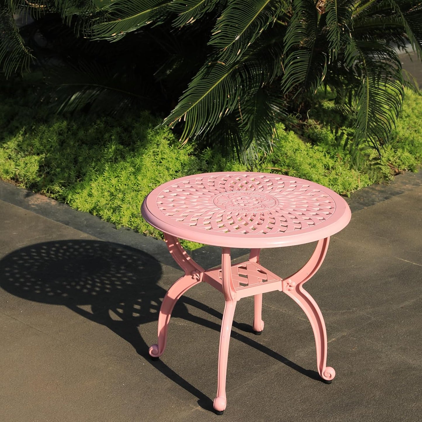 Cast Aluminum Outdoor Side Table,Small Patio Table,Outdoor Coffee Tables for Patio,Garden,Balcony, for All Weather(Pink, Round)