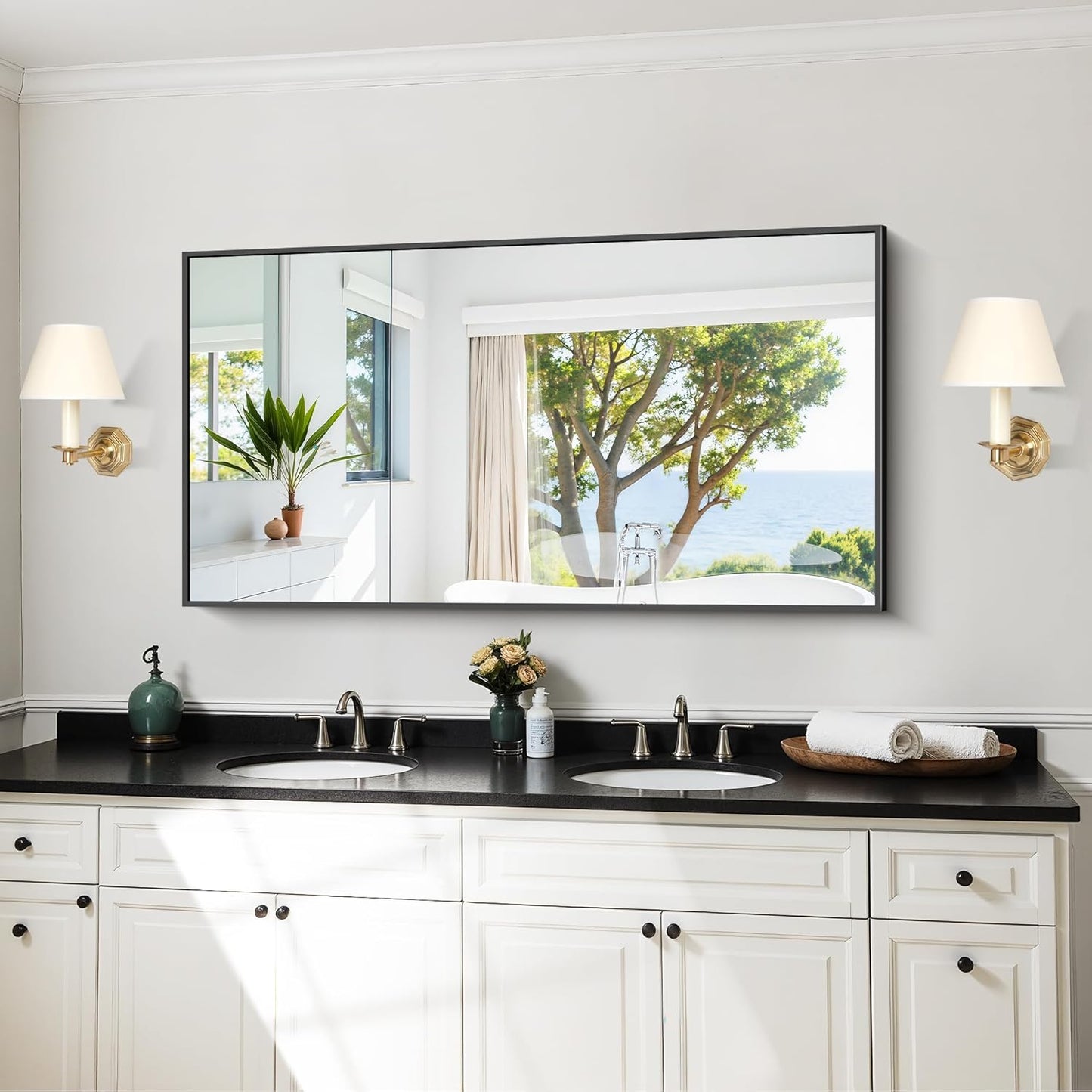 KOCUUY 24x48 Inch Large Black Wall Mounted Mirror,Aluminum Framed Decorative Rectangular Bathroom Mirror for Wall Over Sink,Vanity Mirror for Bedroom Living Room Bathroom,Functional Oversized Mirror