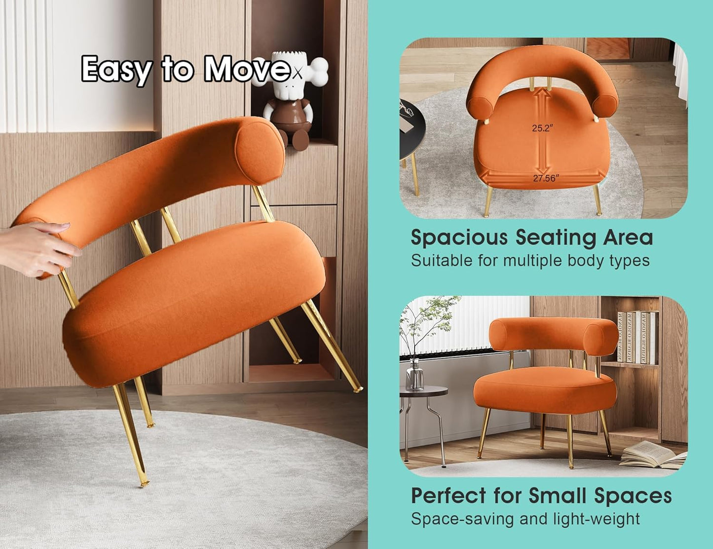 Modern Velvet Accent Chair, Round Upholstered Barrel Armchair for Small Spaces, Fluffy Side Corner Sofa Chair for Living Room, Bedroom, Vanity, Office, Reading Nook(Orange)