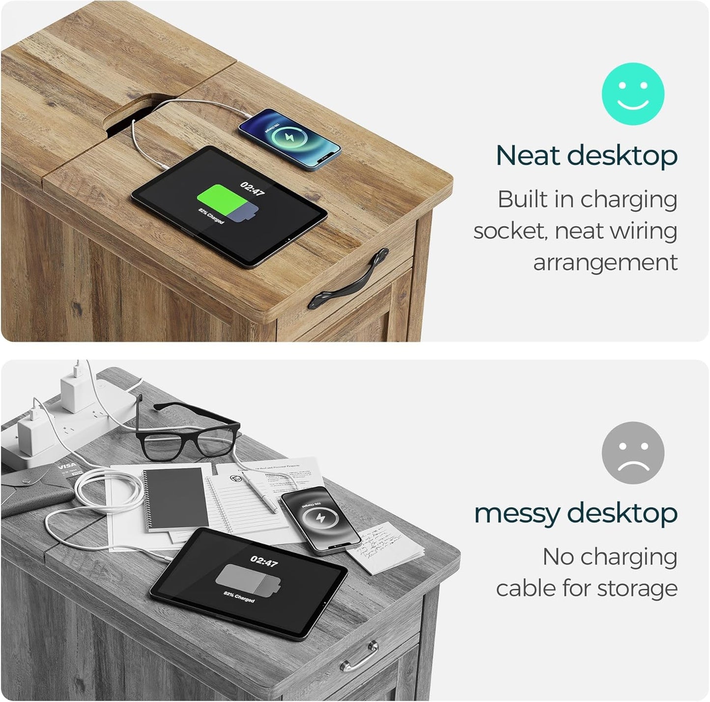 LINSY HOME End Table Set of 2 with Charging Station, Modern Farmhouse Sofa Couch Side Table, Wooden Bedside Table for Living Room Bedroom, Narrow Nightstand with Storage for Small Space, Brown