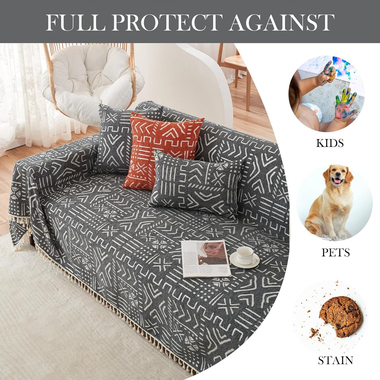 HANDONTIME Sofa Covers Boho Couch Cover for 3 Cushion Couch Sofa Geometric Couch Cover for Living Room Pet Sofa Slipcovers Couch Protector for Dogs Aesthetic Cushion Cover, Black/White