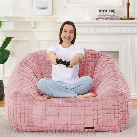 Bean Bag Chairs for Adults, Giant Beanbag Sofa Comfy Reading Chair, Oversized Bean Bag Chairs for Living Room Bedroom, Soft Faux Fur Fabric, 3.2FT, Pink, Checkered