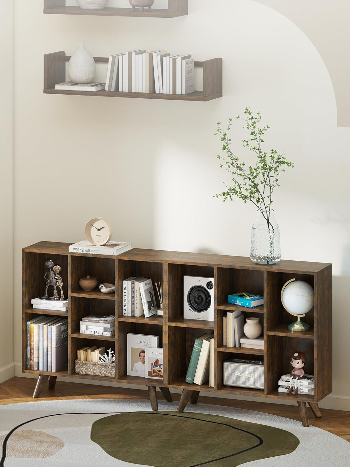 Manora Rustic Brown 7 Cube Mid Century Modern Bookshelf, Wooden Storage Organizer with Open Shelves, Retro Bookcase for Living Room, Bedroom, Home Office