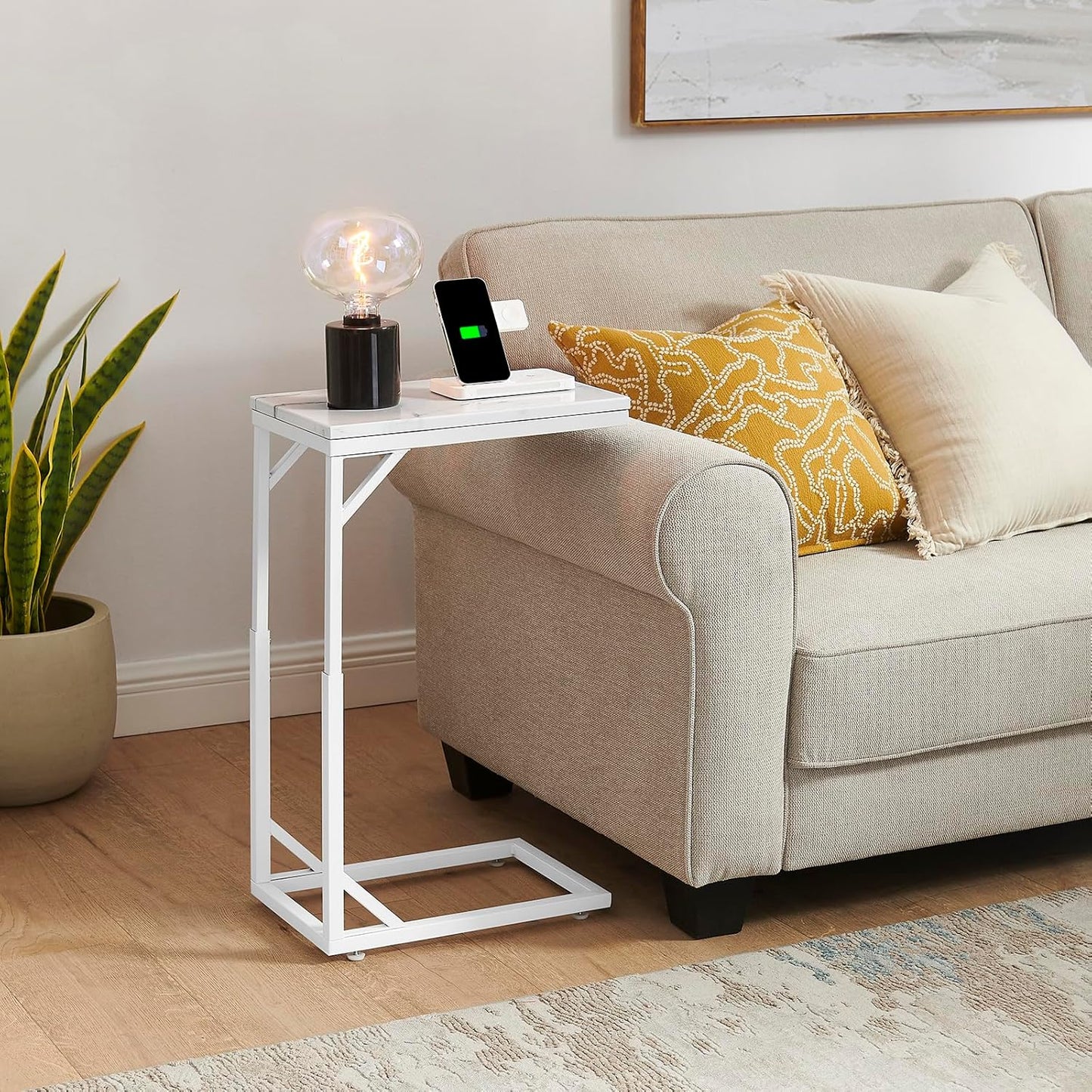 C-Shaped End Table, Small Sofa Table with Metal Frame, Adjustable Height Side Table for Couch, Living Room, Bedroom, Bedside (White, Large)