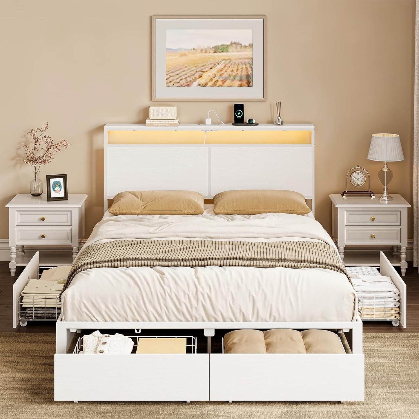 King Bed Frame with 4 Storage Drawers Bed Frame King Size with Headboard LED Lights Charging Station Metal Slats Platform Heavy-Duty Support No Box Spring Needed White