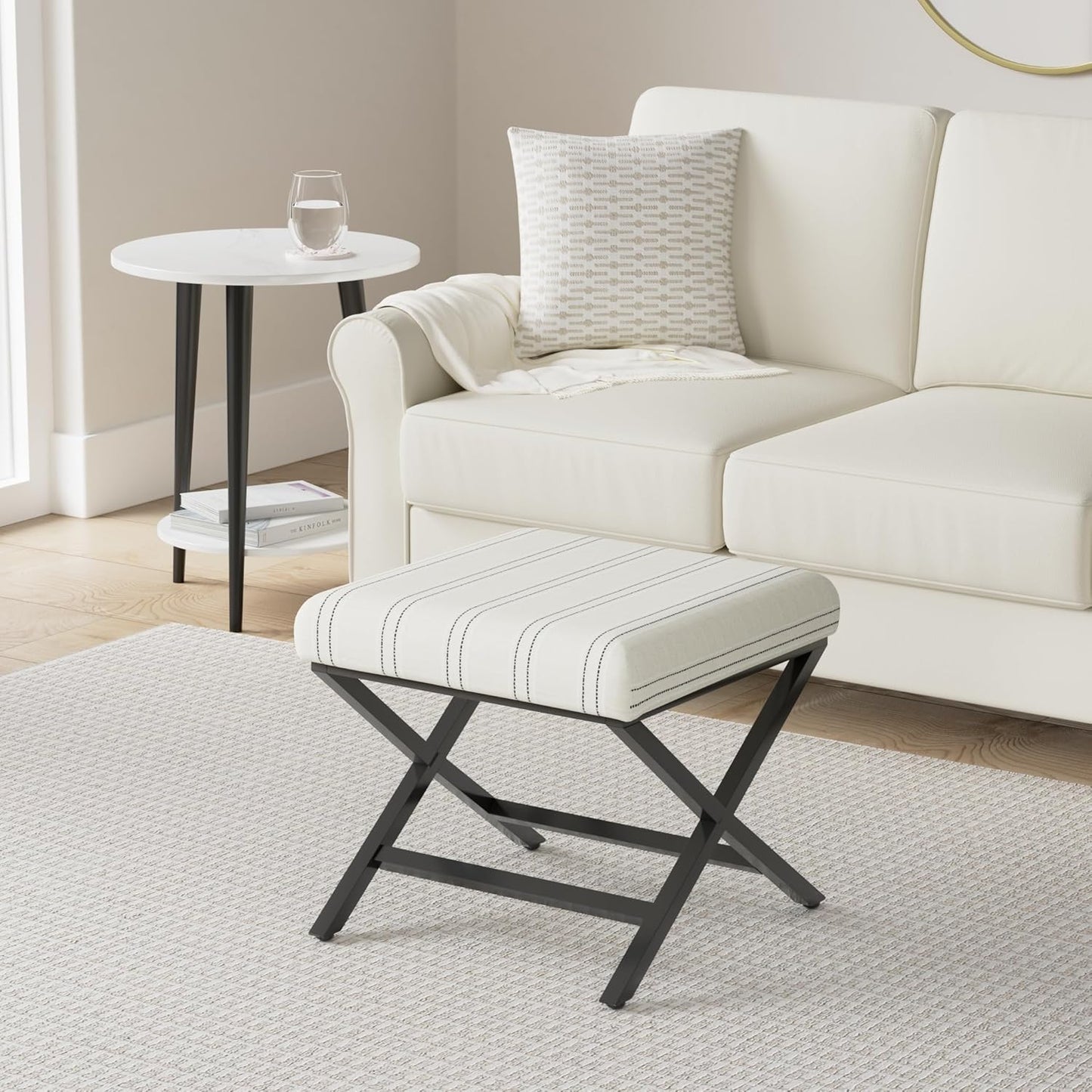 Homepop Home Decor | Modern Square Ottoman with Metal X Base | Ottoman for Living Room & Bedroom | Decorative Home Furniture (Black and White Stripe)