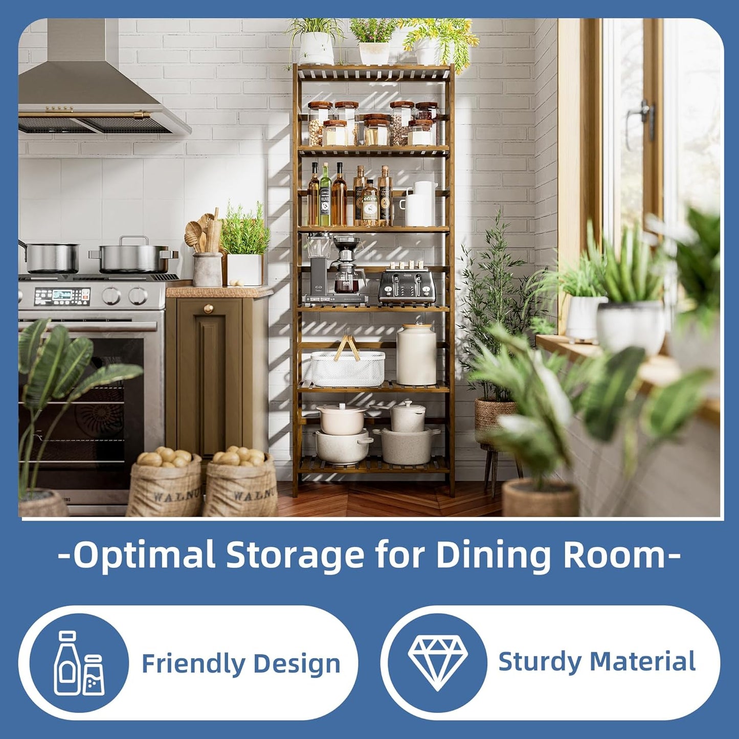 HITNET Bookcase, Bamboo Bookshelf, 6-Tier Adjustable Tall Open Book Shelf, Free Standing Storage Shelves Organizer, Flower Plant Display Stand, Walnut