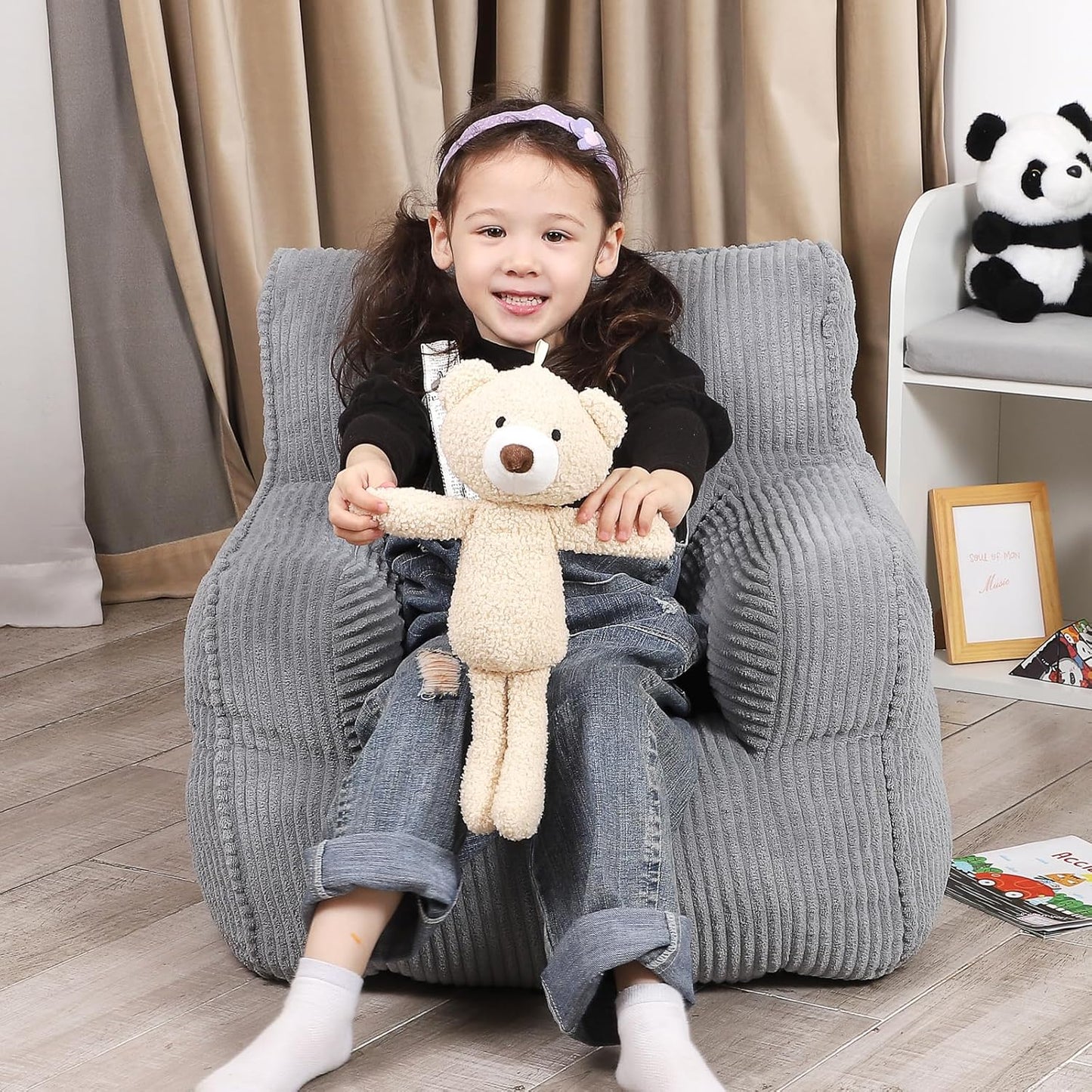 Kids Bean Bag Chair with a Plush Bear, Comfy Toddler Chair for Boys and Girls, Grey
