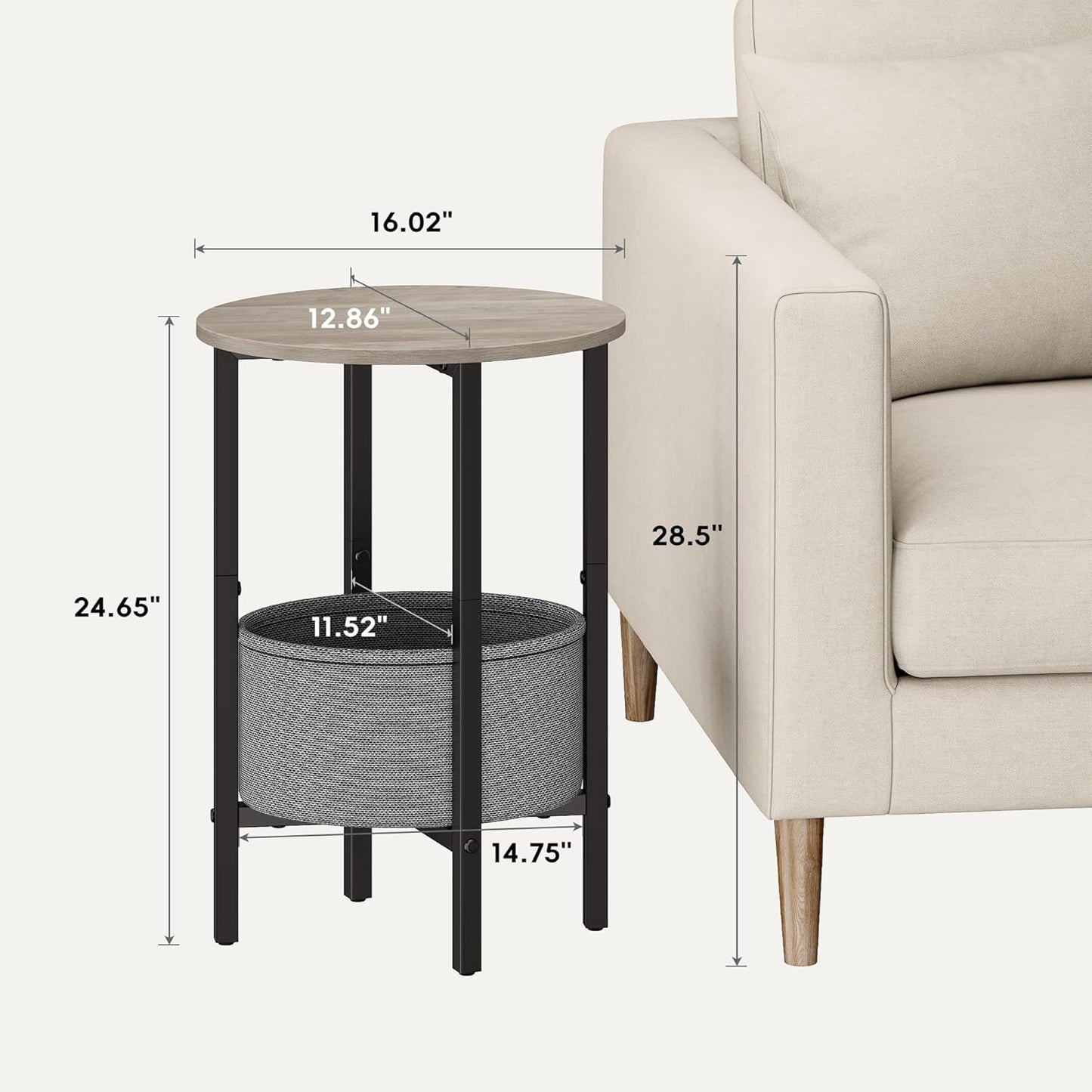 Vagusicc Round Side Table End Table with Storage Basket, Small Side Table Round Nightstand for Small Spaces, Tall Oval End Table with Steel Frame, Coffee Bedside Table for Living Room Bedroom, Greige