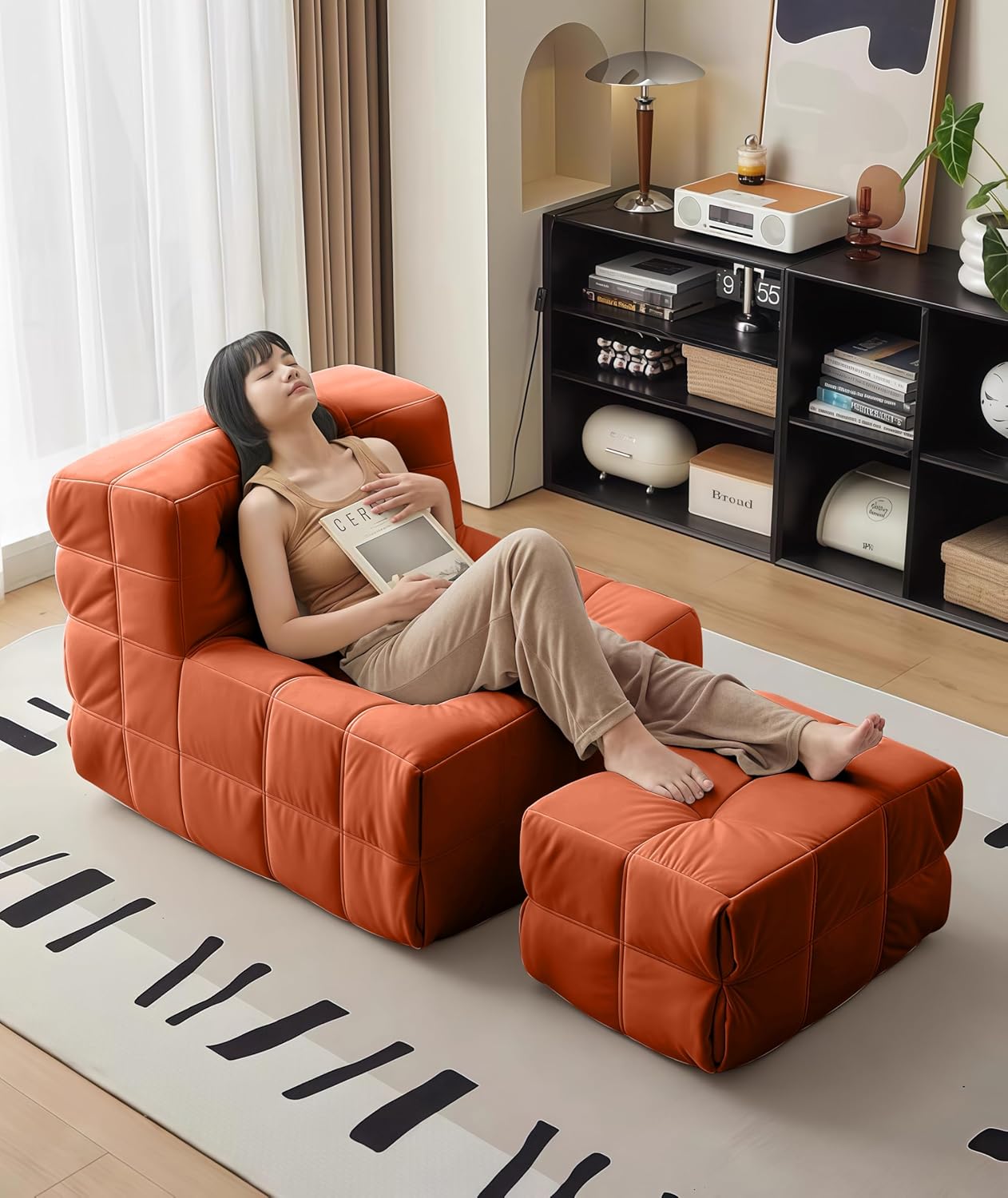 Bean Bag Chair - Memory Foam Bean Bag Chair for Adults, Comfy High-Resilience Single Sofa, Small Space Floor Chair, Chaise Lounge for Living Room, Bedroom (Orange, Square + Ottoman)