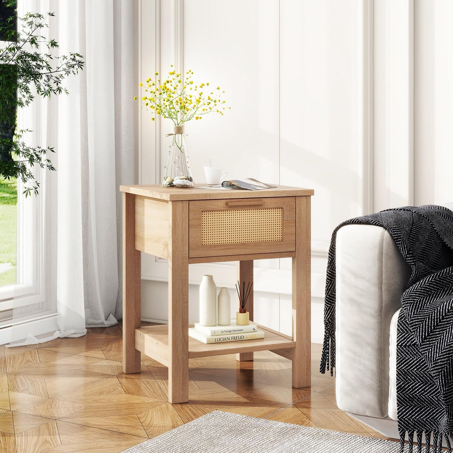 IBUYKE Rattan Nightstand, Boho Night Stand with Drawer, Wood Bedside Tables with Storage Shelf, End Table with Legs for Bedroom, Natural UWNS011N