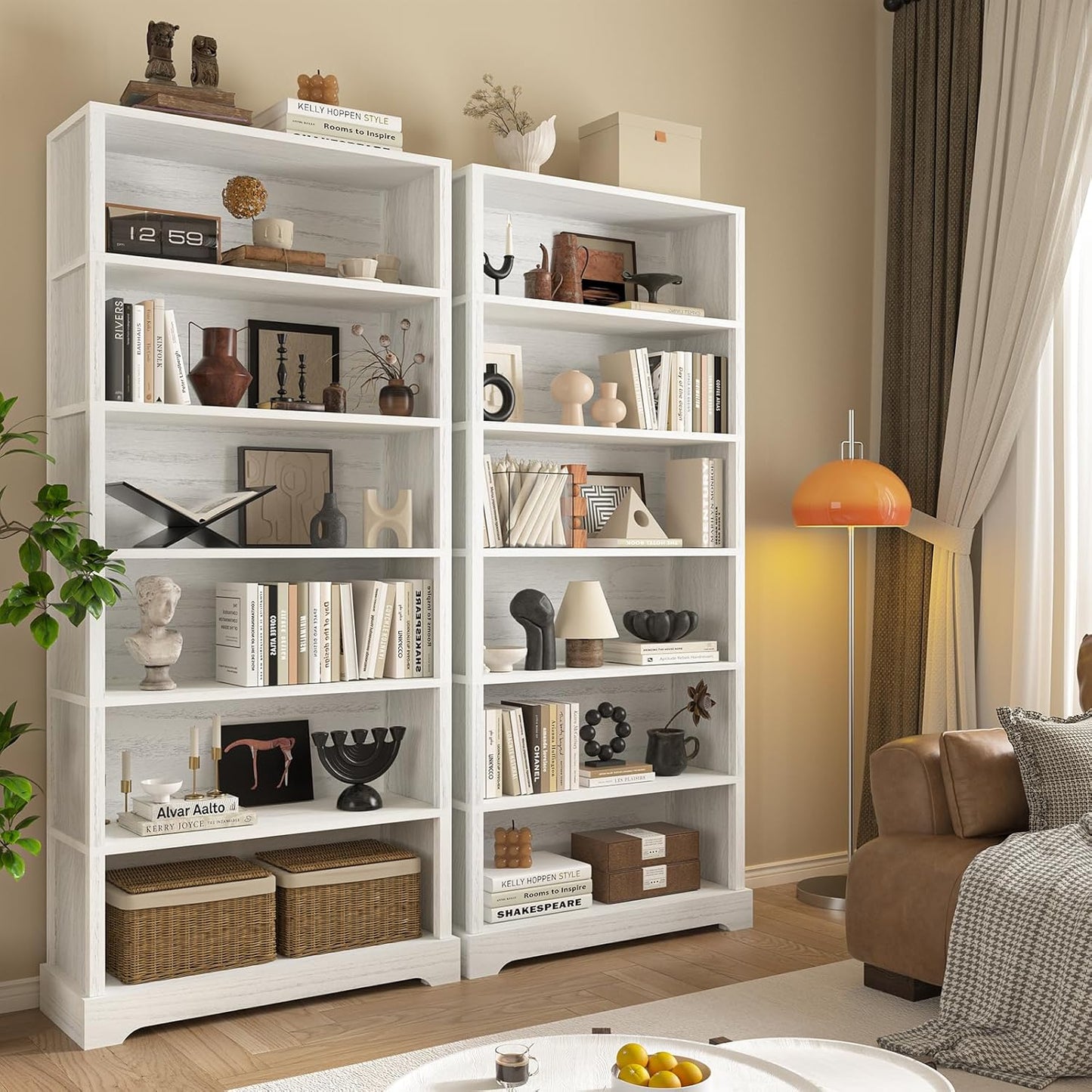 TVU 6 Shelf Bookcase, Freestanding Open Bookshelf, Tall Book Shelf, 11.8" D x 31.5" W x 77.2" H, for Living Room, Dining Room, Study, Office, Antique White