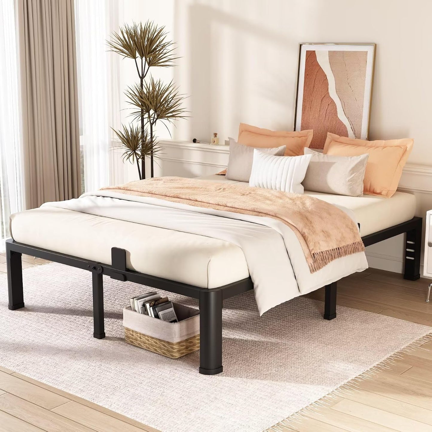 14 Inch California King Bed Frame with Rounded Corner and Headboard Hole Mattress Retainers 3500 LBS Metal Heavy Duty Steel Slats Support No Box Spring Needed Platform Noise Free Easy Assembly