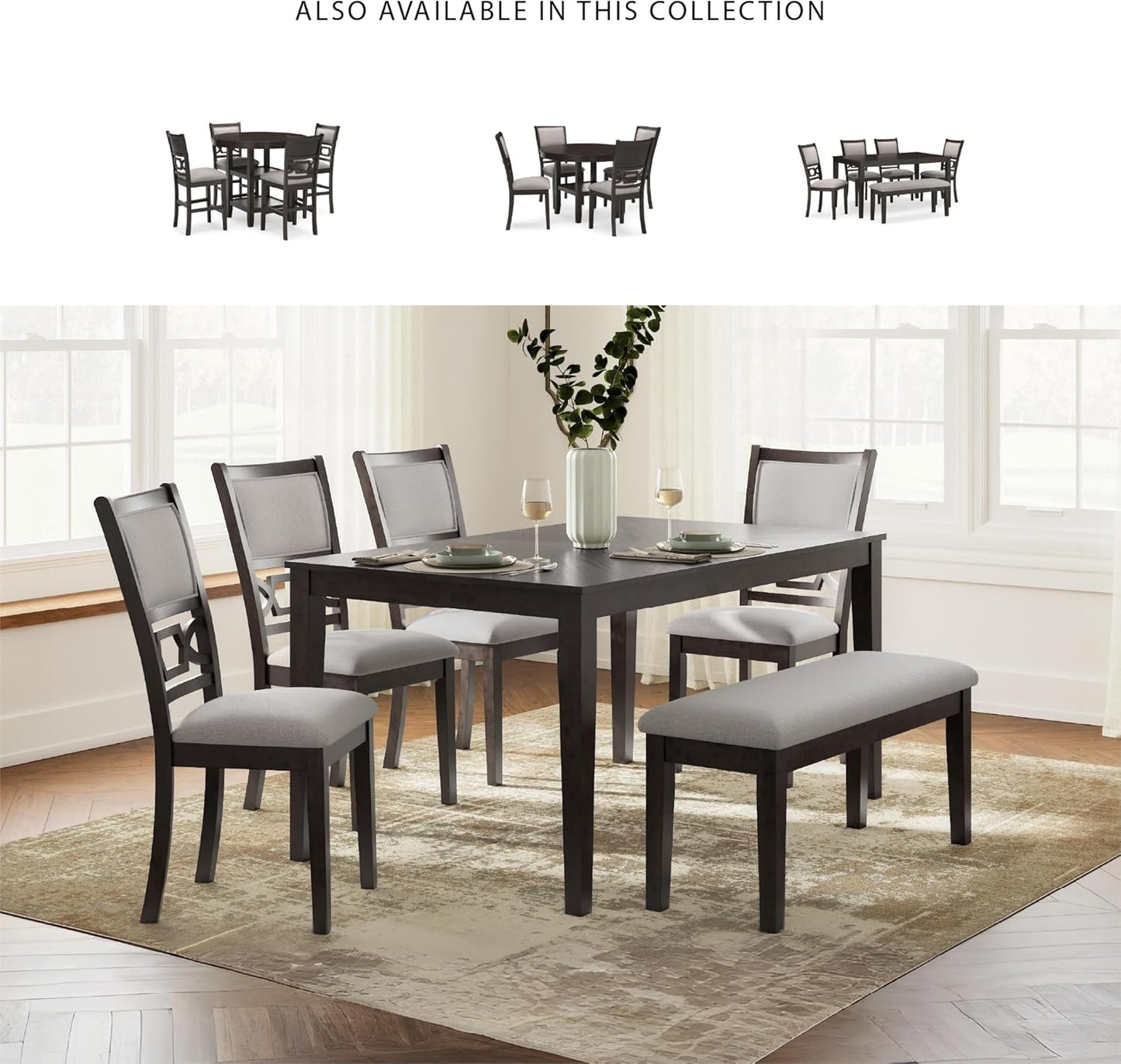 Signature Design by Ashley Langwest Transitional Diamond Patterned Dining Table with 4 Upholstered Chairs and Bench, Set of 6, Dark Brown & Beige