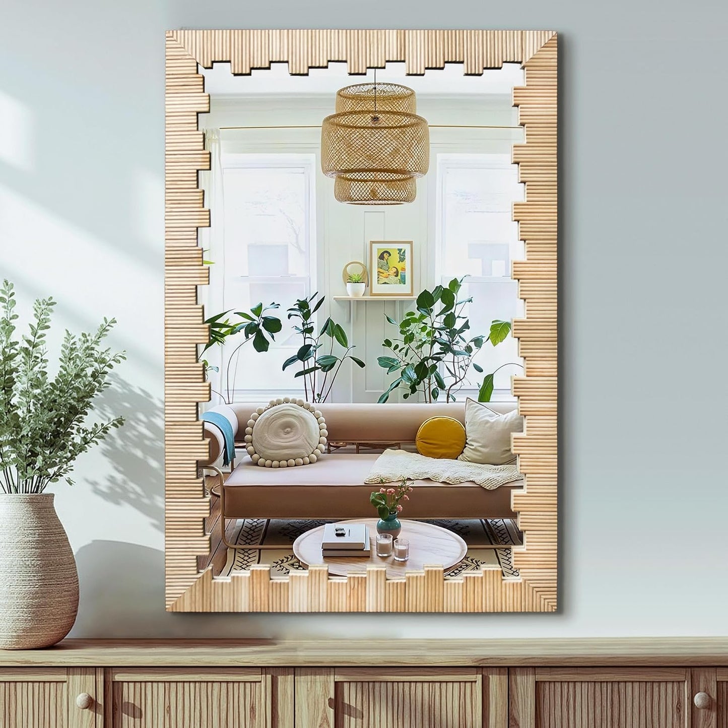 Boho Wall Mirror with Wood Frame, 36"x24" Faux Rattan Decorative Vanity Mirror for Bathroom, Living Room, Bedroom, Entryway(Rectangle)