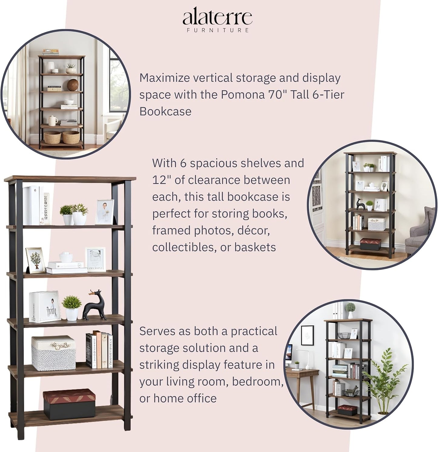 Pomona 6-Tier Bookcase – 70" Tall Solid Wood with Metal Frame Bookshelf – Durable Industrial Storage for Home Office, Living Room, or Bedroom by Alaterre Furniture (Brown Lacquer Finish)