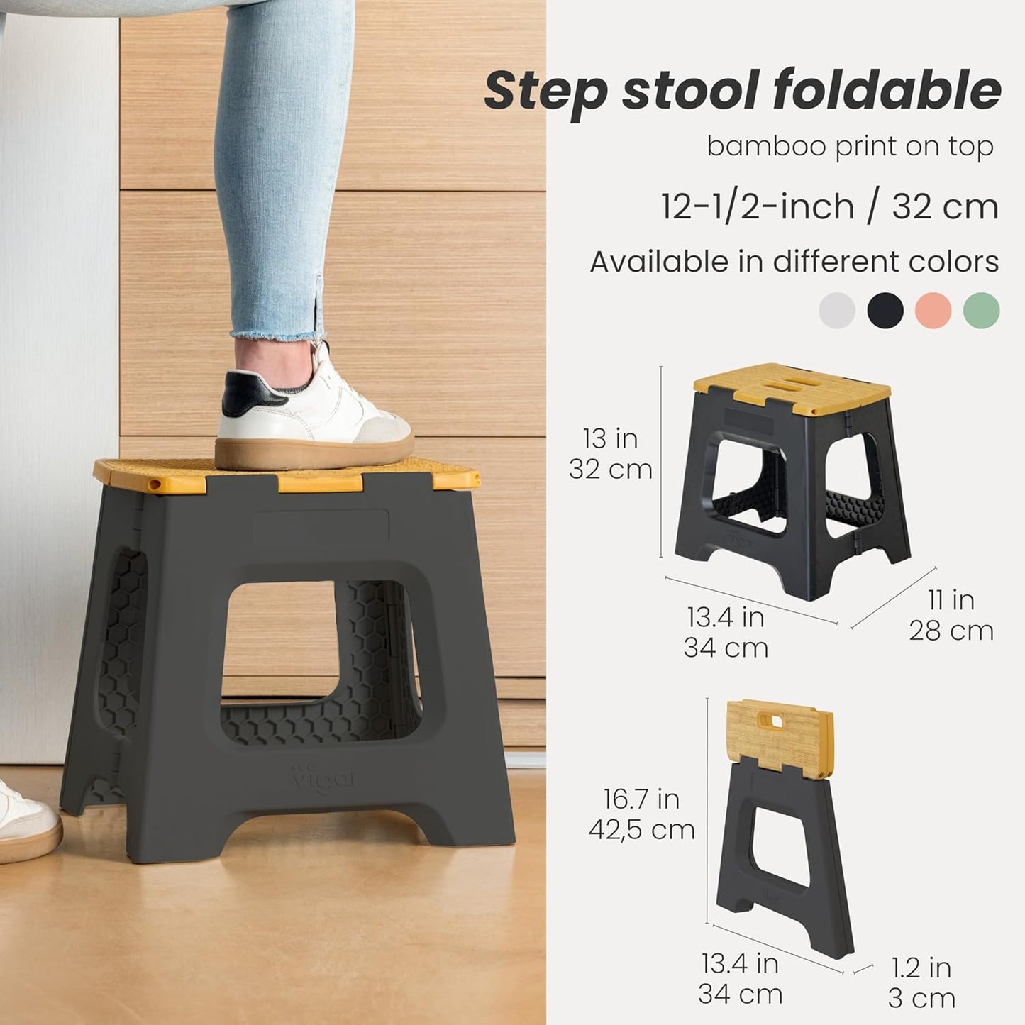 Vigar Compact Step Stool Foldable, 12-1/2-inch Step Stools for Adults up to 330 Pound, Lightweight Stool, Non-Slip Folding Step Stool, Black, Bamboo Print on Top