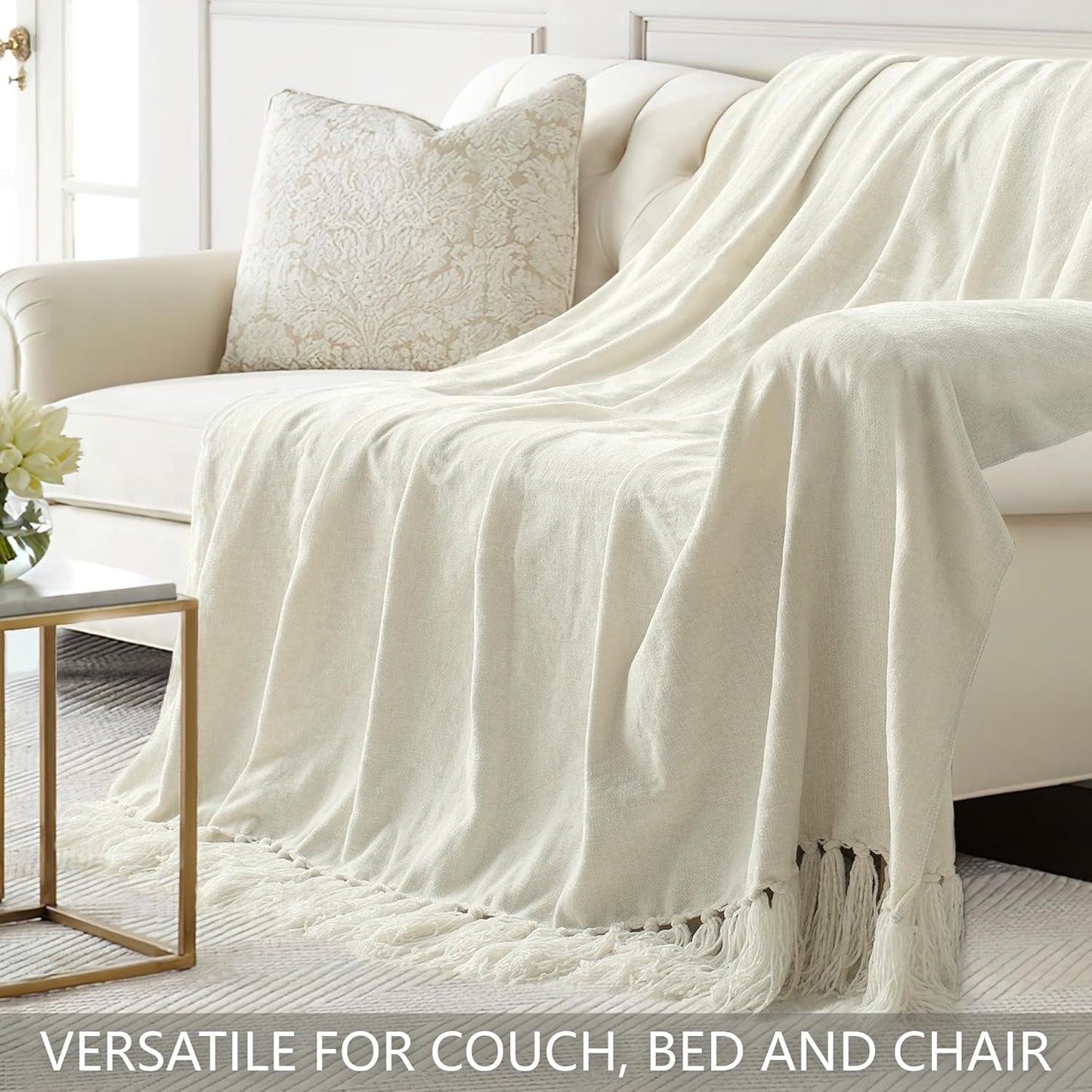 Chenille Throw Blanket for Couch 60"X 80" Twin, Soft Cozy Throws with Fringe Tassel for Bed Sofa Chair Cover, Lightweight Knitted Decorative Boho Blankets for Living Room, Ivory White