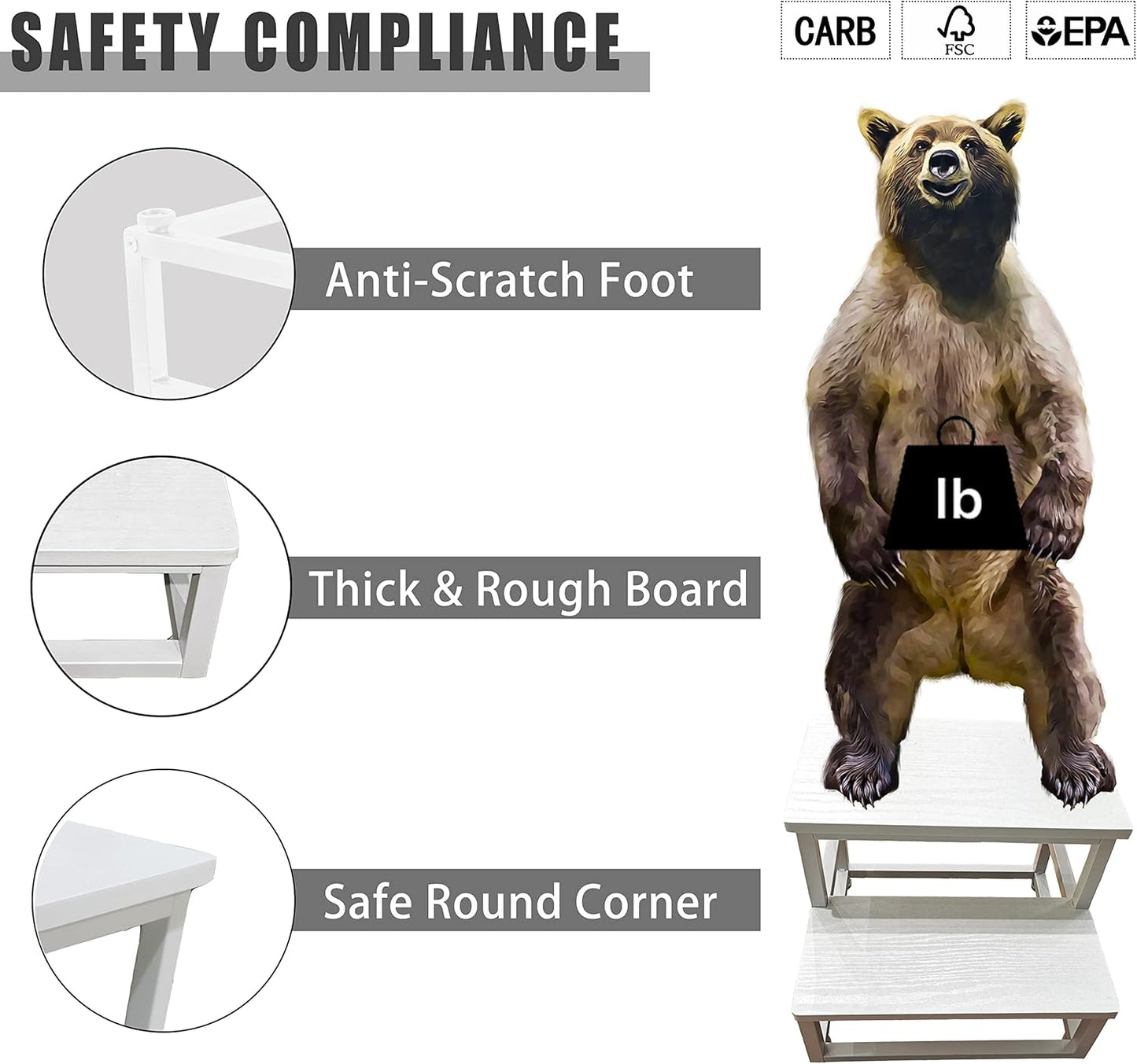 Nursery Step Stool, Wooden and Metal Foot Stool for Adult Kid, Steps for High Beds with Round Corners, Small Stepping Stool for Bedroom Kitchen, Load 500 LB, White