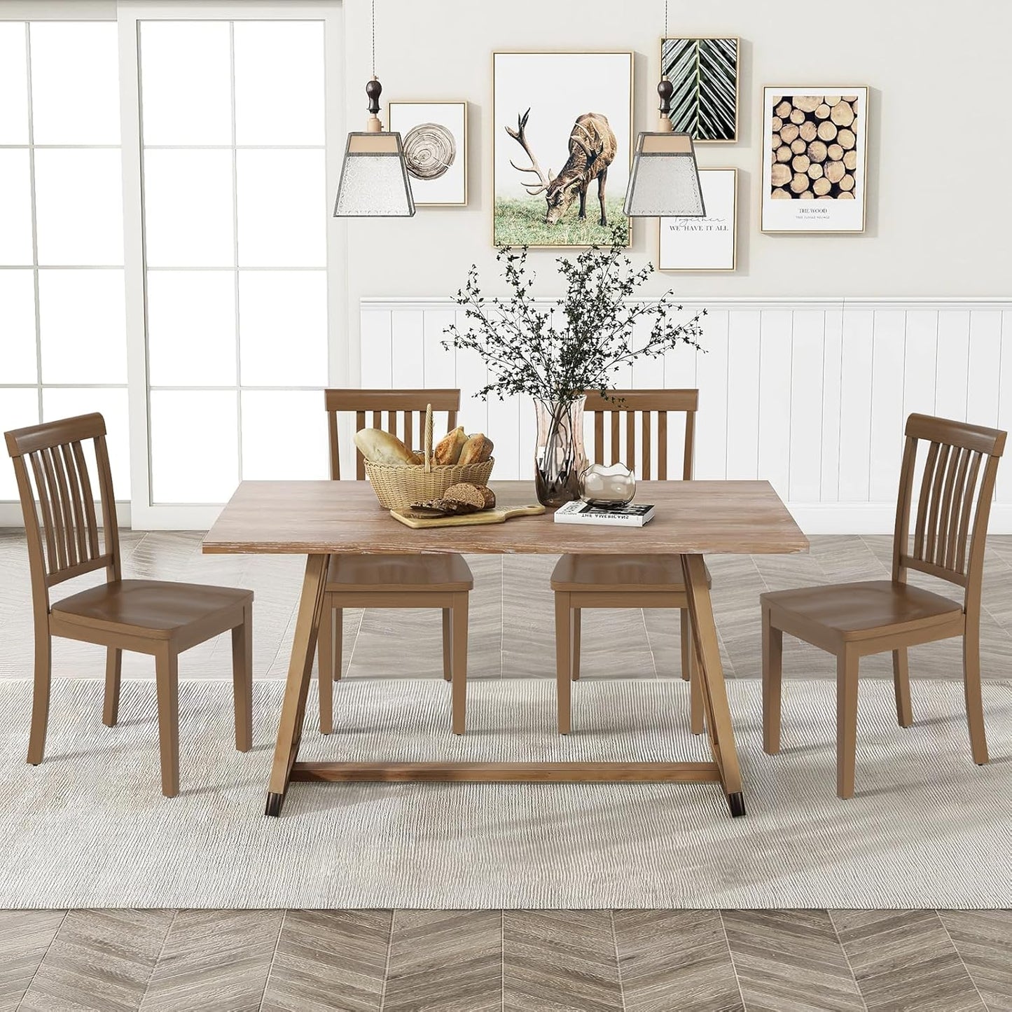 COLAMY Wooden Dining Chairs Set of 4, Solid Rubberwood Kitchen & Dining Room Chairs, Farmhouse Rustic Side Chairs for Dining Table, Anti-Slip Protection, Classic Windsor Style Seating, Oak Light Brown