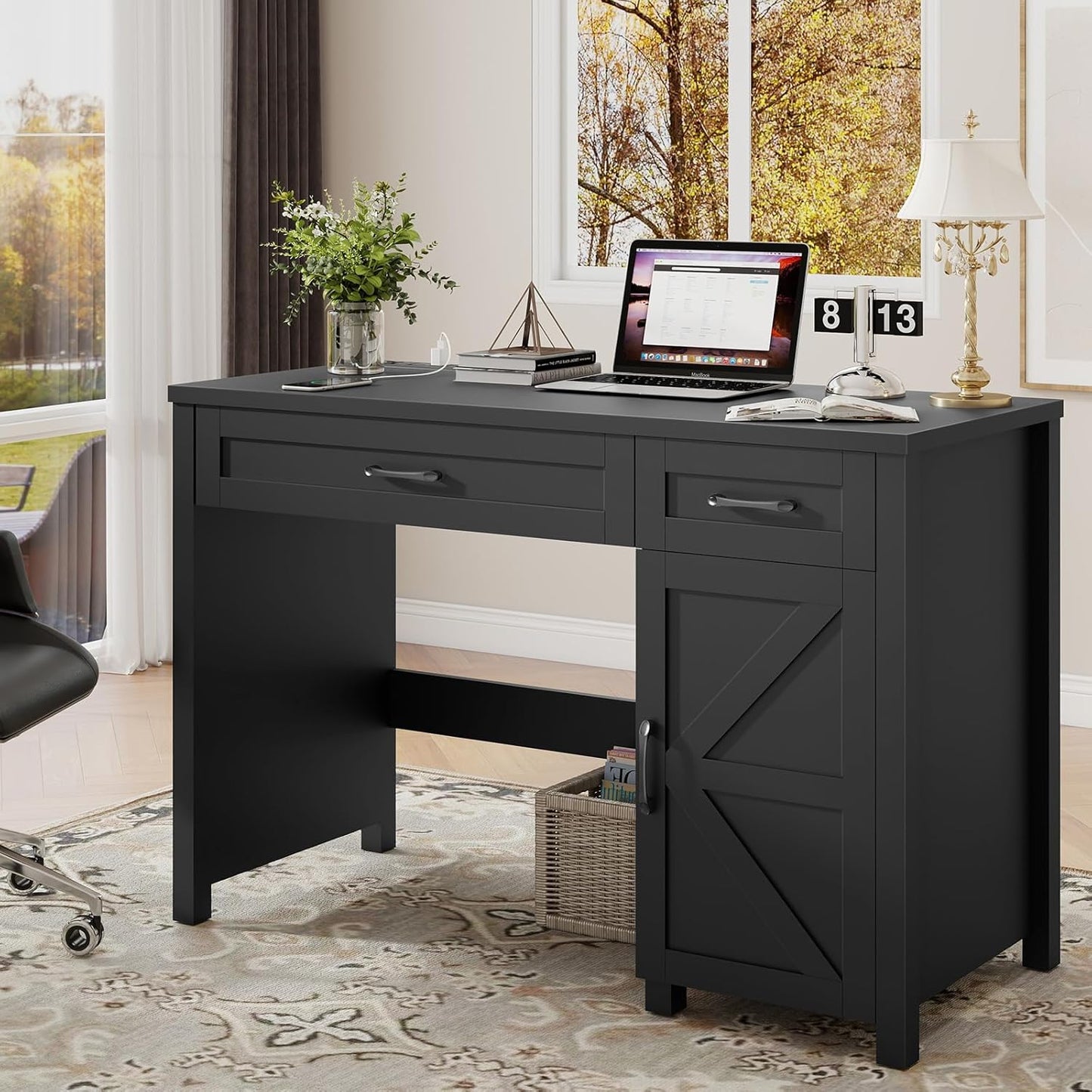 Farmhouse 47" Executive Desk, Computer Desk with Drawers and Storage Cabinet, Workstation Computer Desk for Home Office, Study.(Pure Black)
