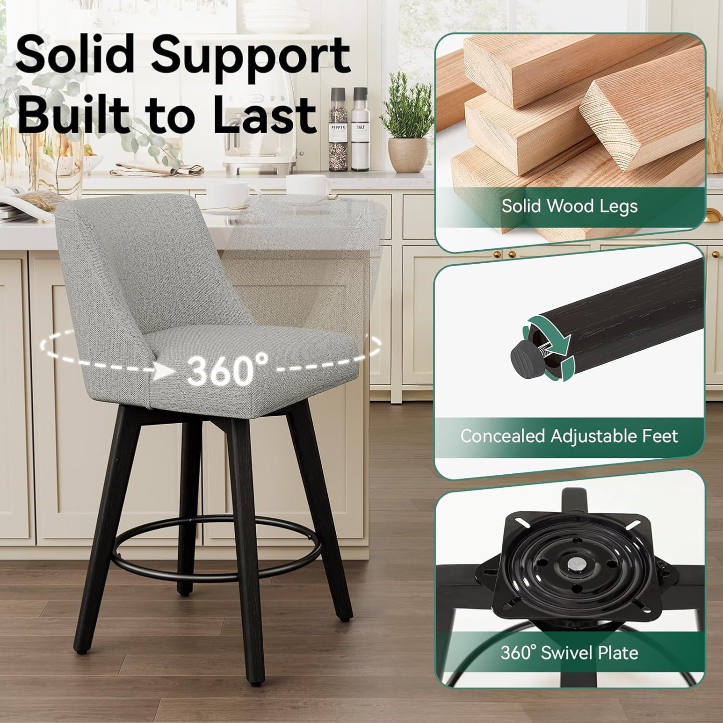 Vipbear Swivel Counter Height Bar Stools Set of 4,26.8" H Counter Stools with Back, Mid Century Modern Bar Stools for Kitchen Island,Linen Fabric,Wooden Base, Light Gray