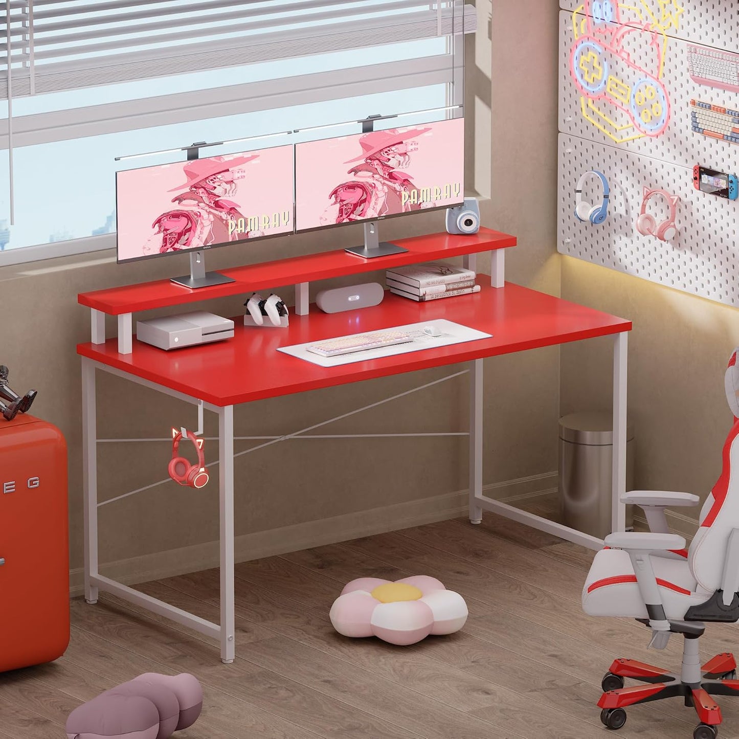 Pamray 47 Inch Small Computer Desk with Monitor Stand, Simple Office Desk with Headphone Hook for Small Spaces, Kids Study Writing Table for Bedroom, Red