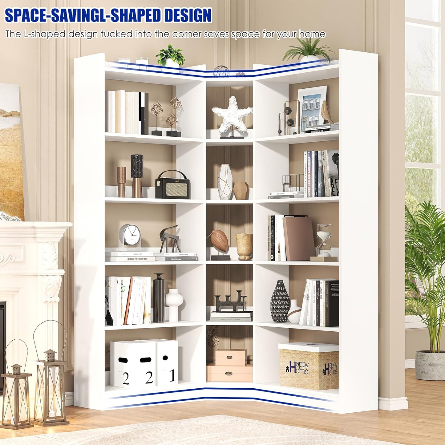 6 Tiers Corner Bookshelf, 63.1" Tall Modern Corner Etagere Bookcase Storage Display Rack Book Shelf with Baffle, Industrial L Shaped Bookshelves for Bedroom, Home Office, Living Room, White