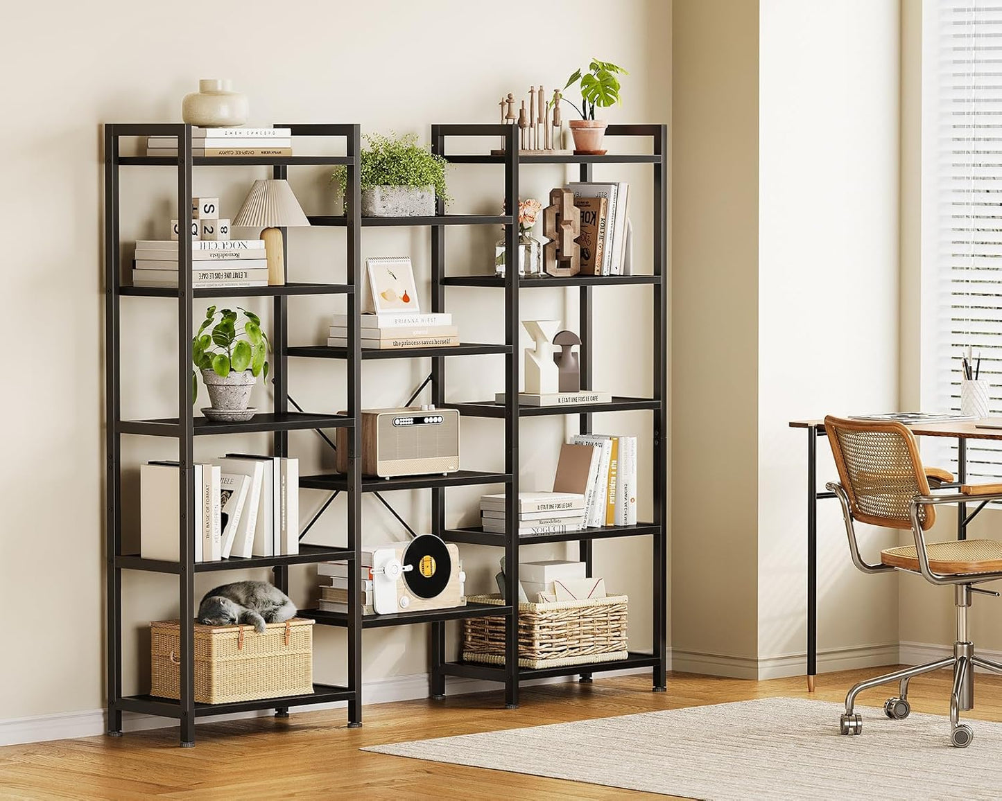 Casaottima Triple 5 Tier Bookshelf, Large Bookcase with 14 Open Display Shelves, Modern Industrial Book Shelves Book Case for Bedroom, Wide Standing Shelving Unit for Living Room Home Office, Black