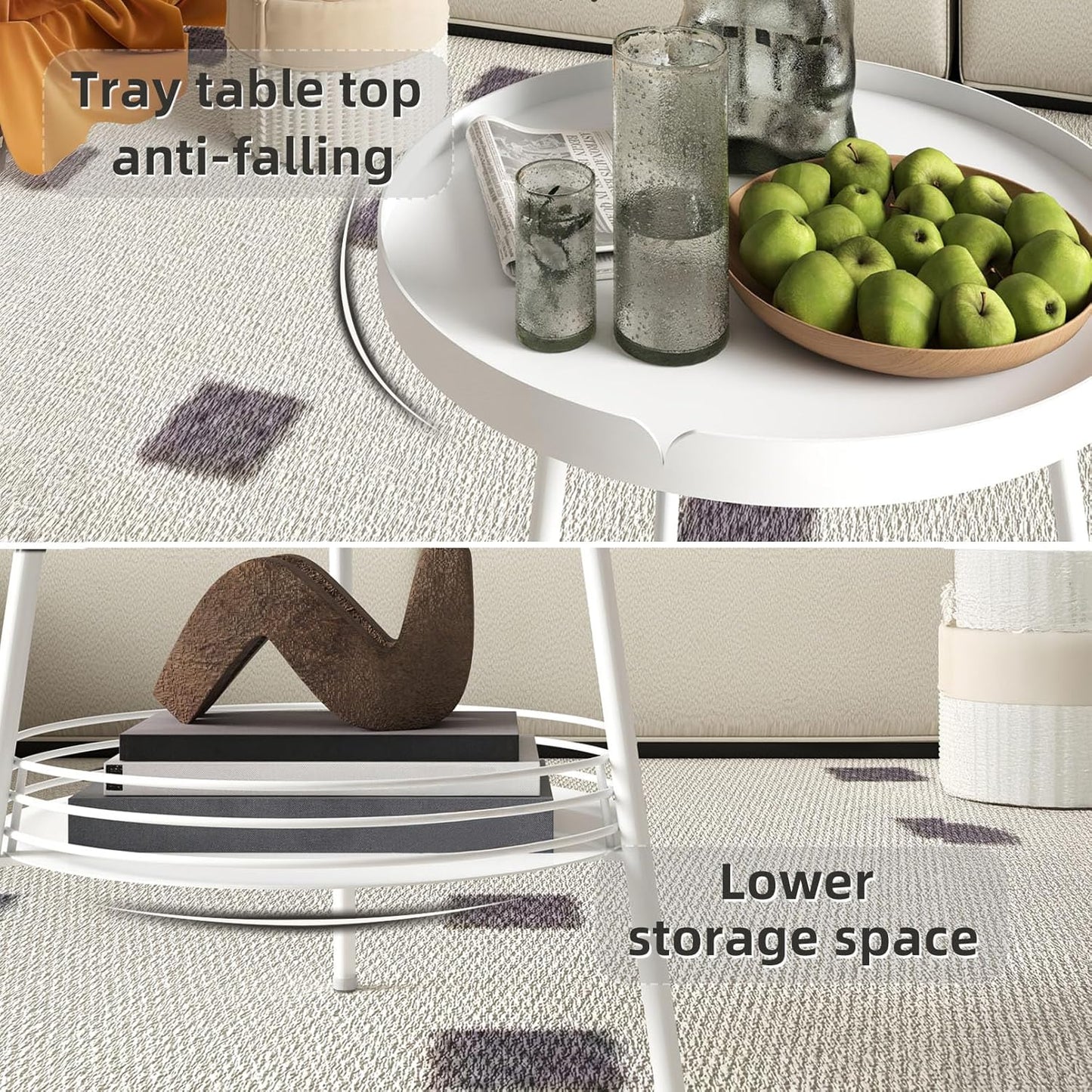 Benkyo 2 Tier White Metal Round Side Table Tiered Two Shelf Storage Coffee Sofa End Table for Living Room and Bedroom,White