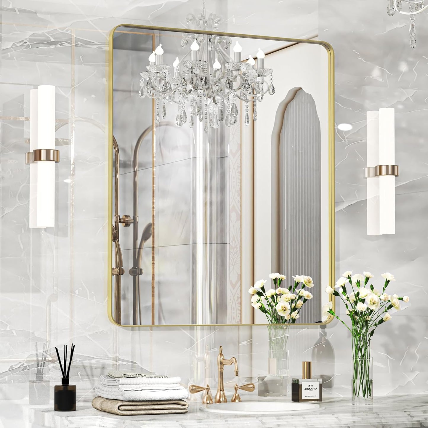 40×32 Gold Bathroom Mirror, Rectangular Bathroom Vanity Mirror for Wall with Rounded Corners & Aluminum Alloy Frame, Tempered-Glass, Modern, Farmhouse, Horizontal/Vertical, Entryway, Bedroom