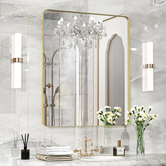 40×32 Gold Bathroom Mirror, Rectangular Bathroom Vanity Mirror for Wall with Rounded Corners & Aluminum Alloy Frame, Tempered-Glass, Modern, Farmhouse, Horizontal/Vertical, Entryway, Bedroom