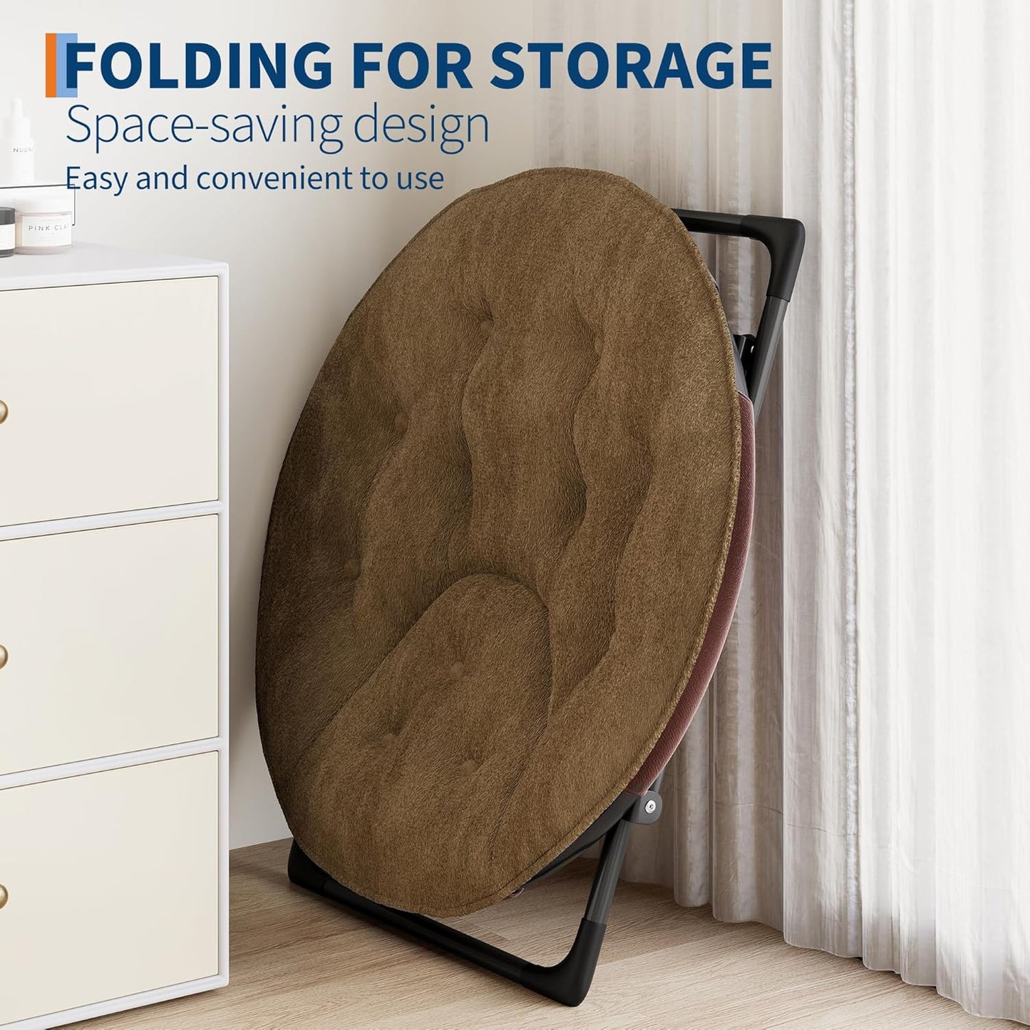 Saucer Chair, XL Foldable Lounge Chair for Bedroom/Dorm, Plush Comfy Seat with Non-Slip Base for Teens & Adults, Faux Fur Accent Chair, Brown