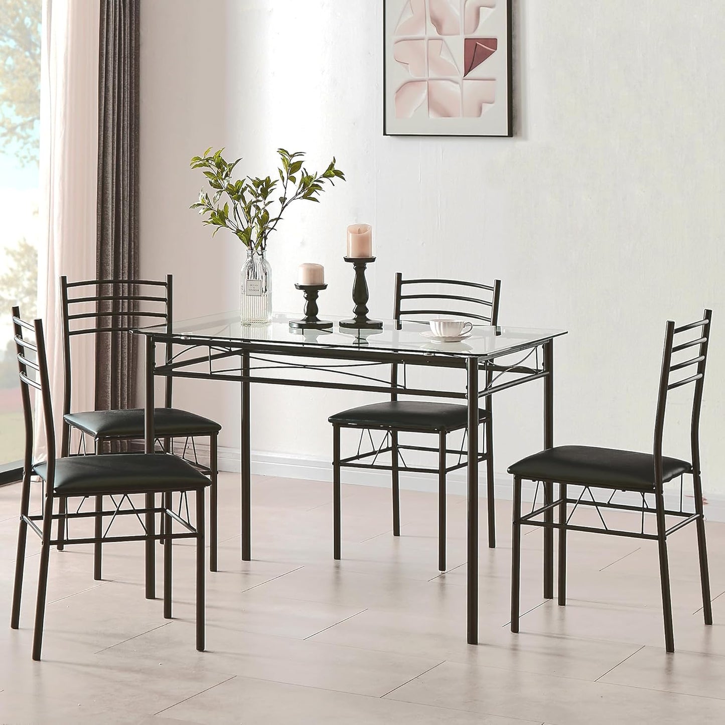VECELO Kitchen Dining Table and Chairs Set for 4, Padded Seat & Glasses Tabletop, Space Saving, Matte Black