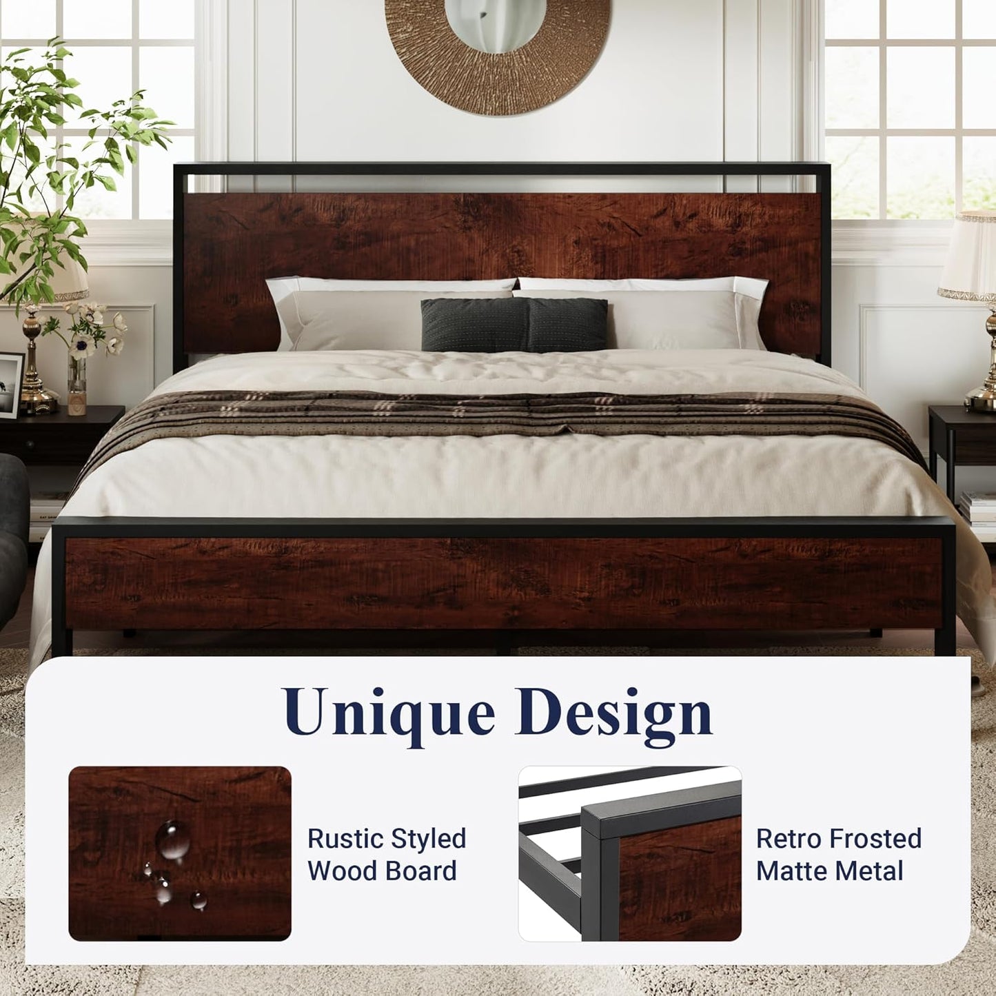 Allewie King Size Platform Bed Frame with Wooden Headboard and Footboard, Heavy Duty 12 Metal Slats Support, No Box Spring Needed, Under-Bed Storage, Noise Free, Easy Assembly, Mahogany