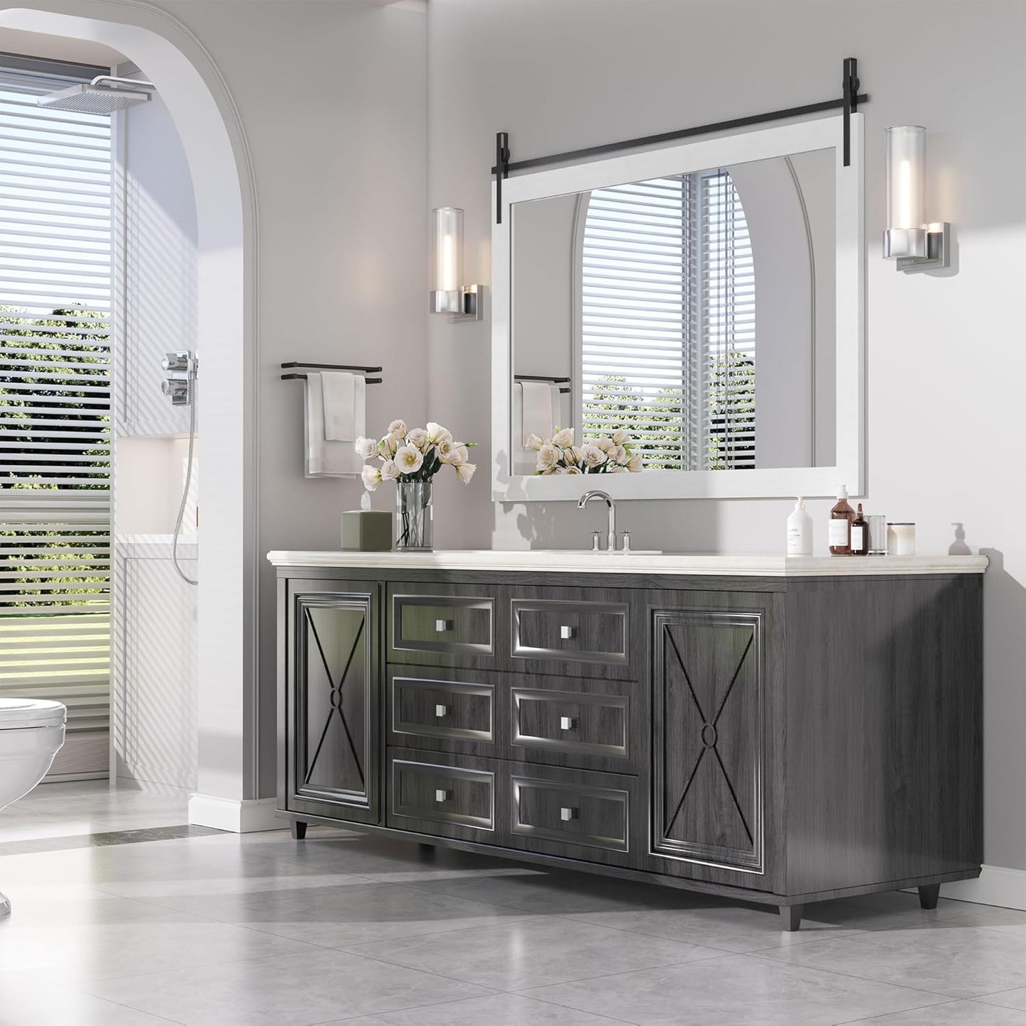 Hasipu Farmhouse Bathroom Mirror, 55"x36" Rustic Wood Framed Wall Mounted Mirror, White Vintage Vanity Mirror Barn Door Style Decrative Mirrors