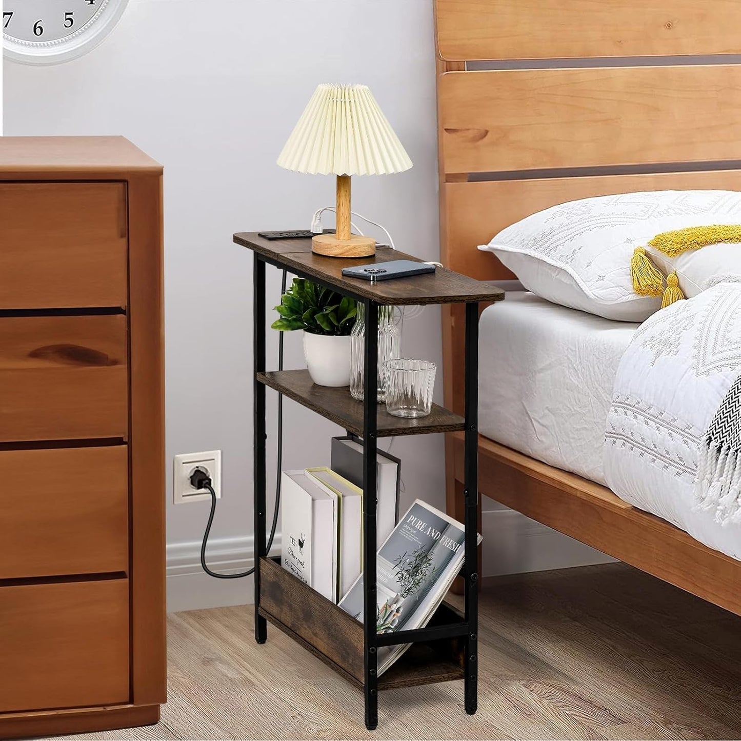 Narrow Side Table with USB-C Charging Station, 3-Tier Slim End Table with Magazine Holder, Modern Side Table for Couch or Small Spaces, Skinny Nightstand for Living Room or Bedroom