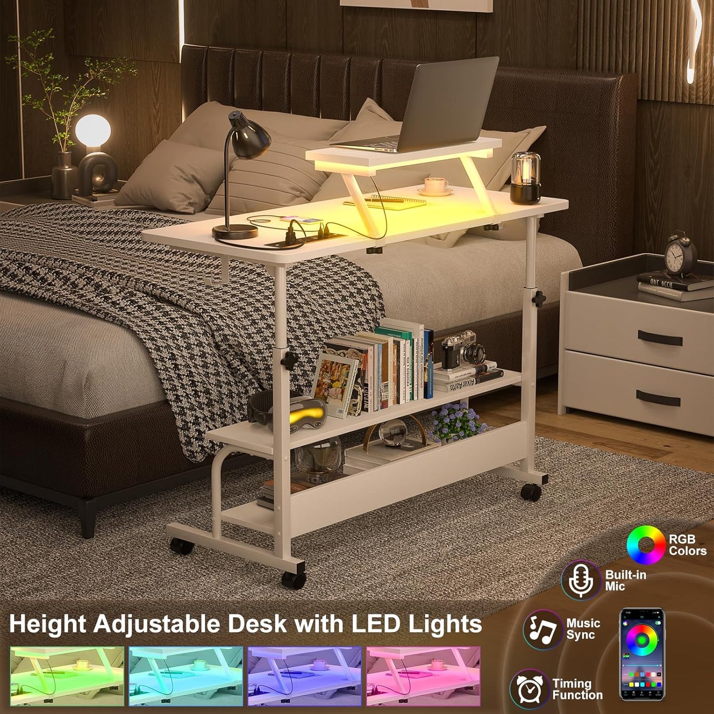 Height Adjustable Standing Desk with Power Outlets and LED Lights - 39" Manual Stand Up Desk with Monitor Stand and Storage Shelves Small Mobile Rolling Computer Desk Portable Laptop Table, White