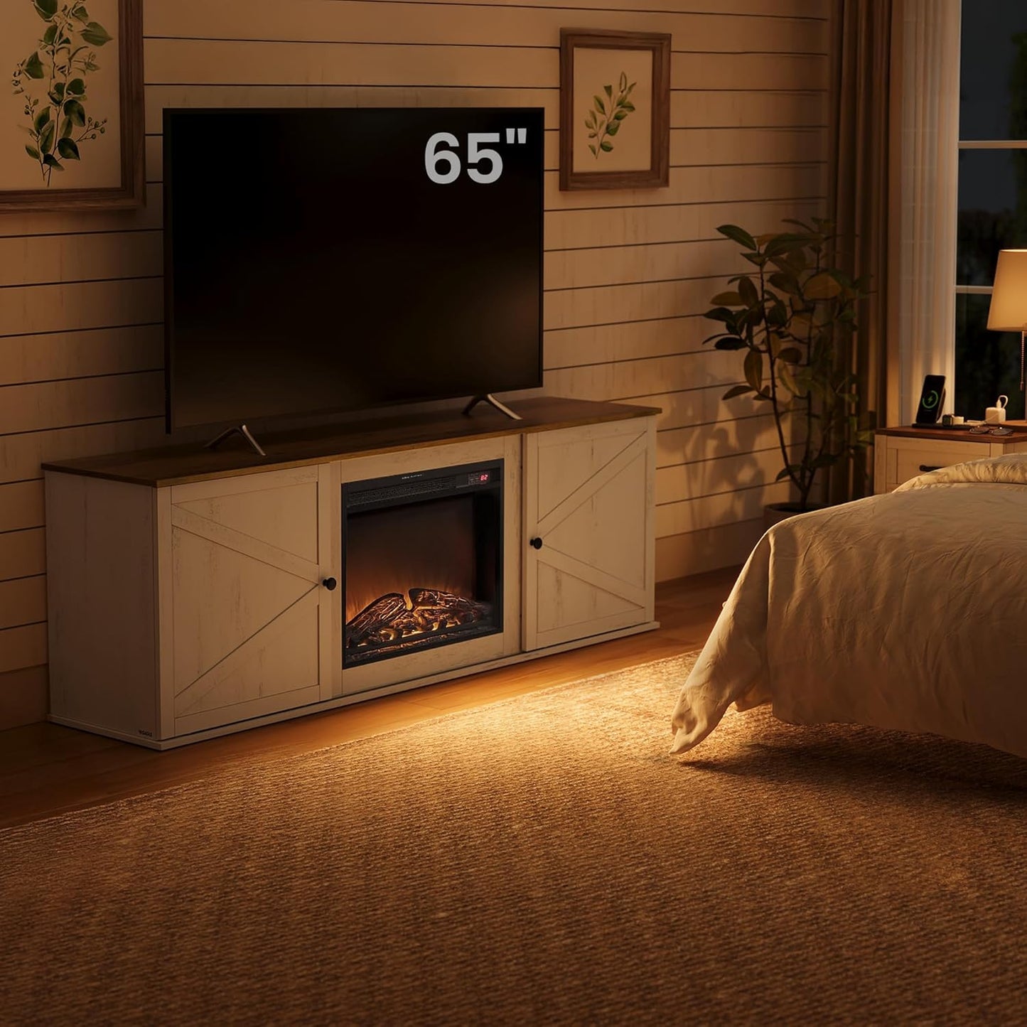 VASAGLE Fireplace TV Stand for TVs up to 65 Inches, 18-Inch ELectric Fireplace with Remote, Farmhouse Entertainment Center, Media Console Table for Living Room, Rustic White and Honey Brown ULTV540W01