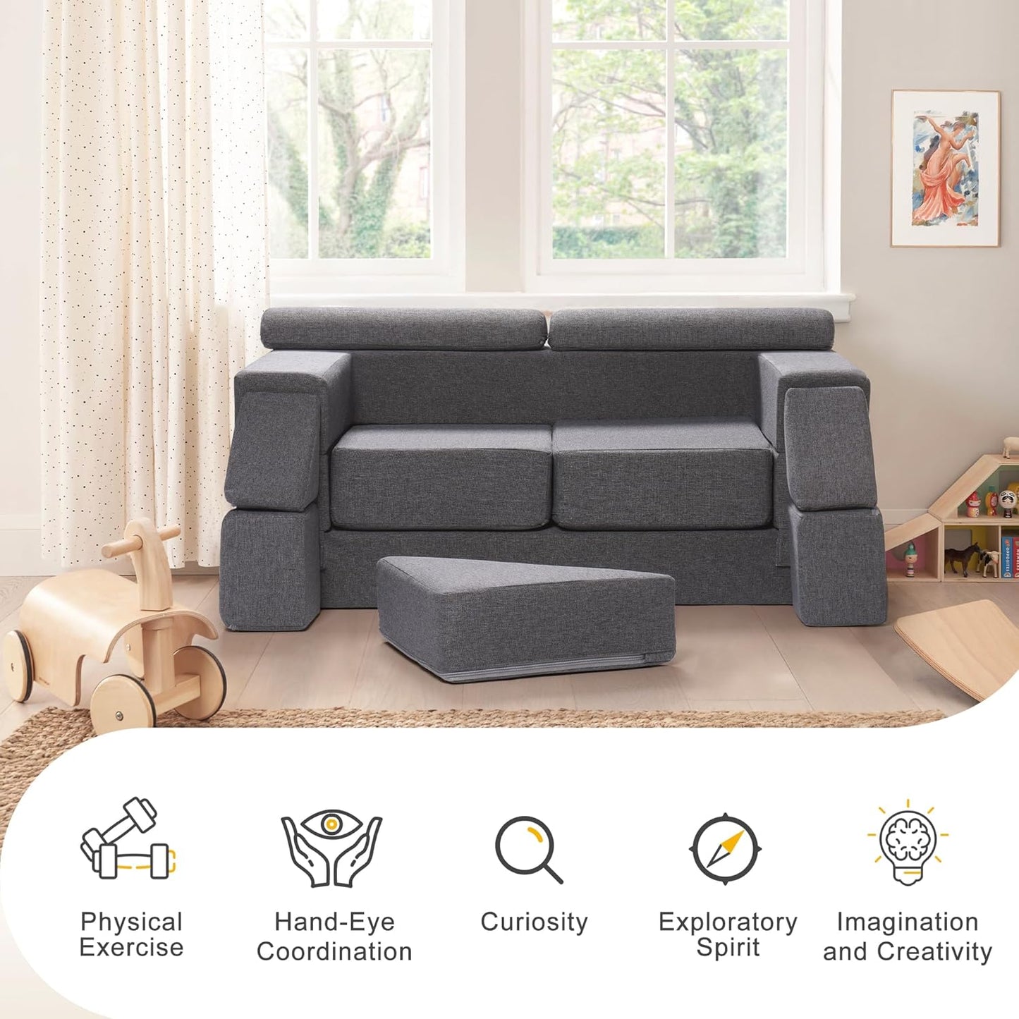 ROBOTIME Modular Play Couch for Kids – Convertible Foam Toddler Sofa for Boys & Girls, Kids Couch for Playroom & Bedroom, Versatile Building Sofa for Forts and Reading Nooks (Space Grey)