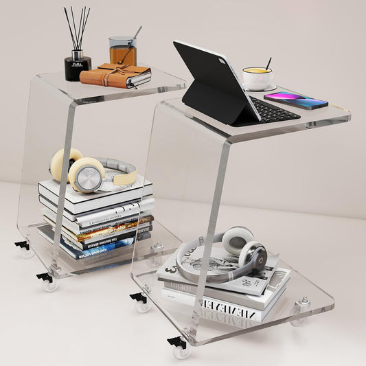 2-Pack Clear Acrylic C Shaped Side Table with Wheels, Modern End Tables for Sofa, Couch, and Bed – 15mm Thick Durable Acrylic Small Snack Laptop Tables for Living Room & Bedroom