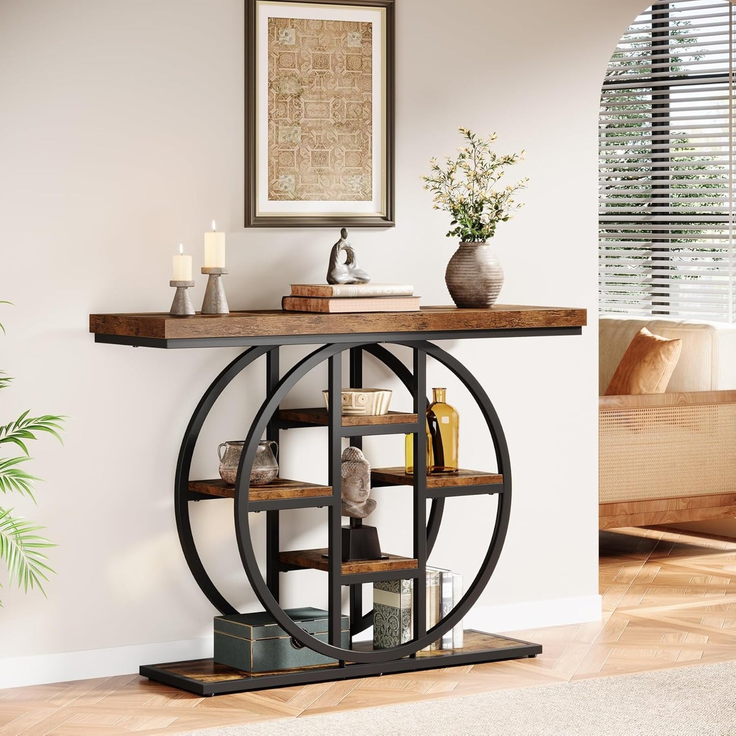 41" Console Table for Entryway, 4-Tier Industrial Narrow Wood Sofa Accent Tables with Circle Storage Shelves for Living Room, Hallway, Foyer (Rustic Brown)